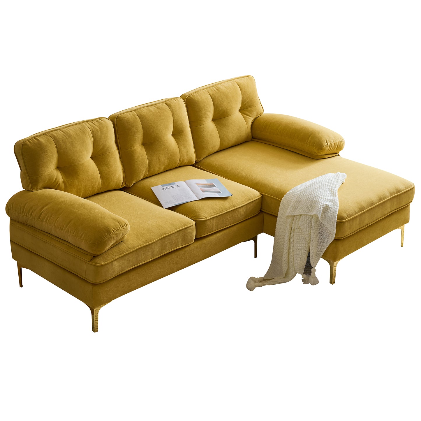 （缺货）83" Modern Sectional Sofas Couches Velvet L-Shaped Couches for Living Room, Bedroom, Yellow