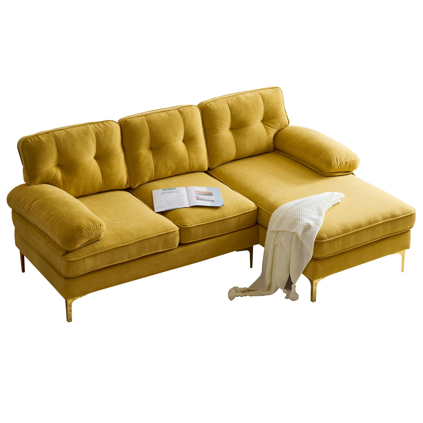 （缺货）83" Modern Sectional Sofas Couches Velvet L-Shaped Couches for Living Room, Bedroom, Yellow