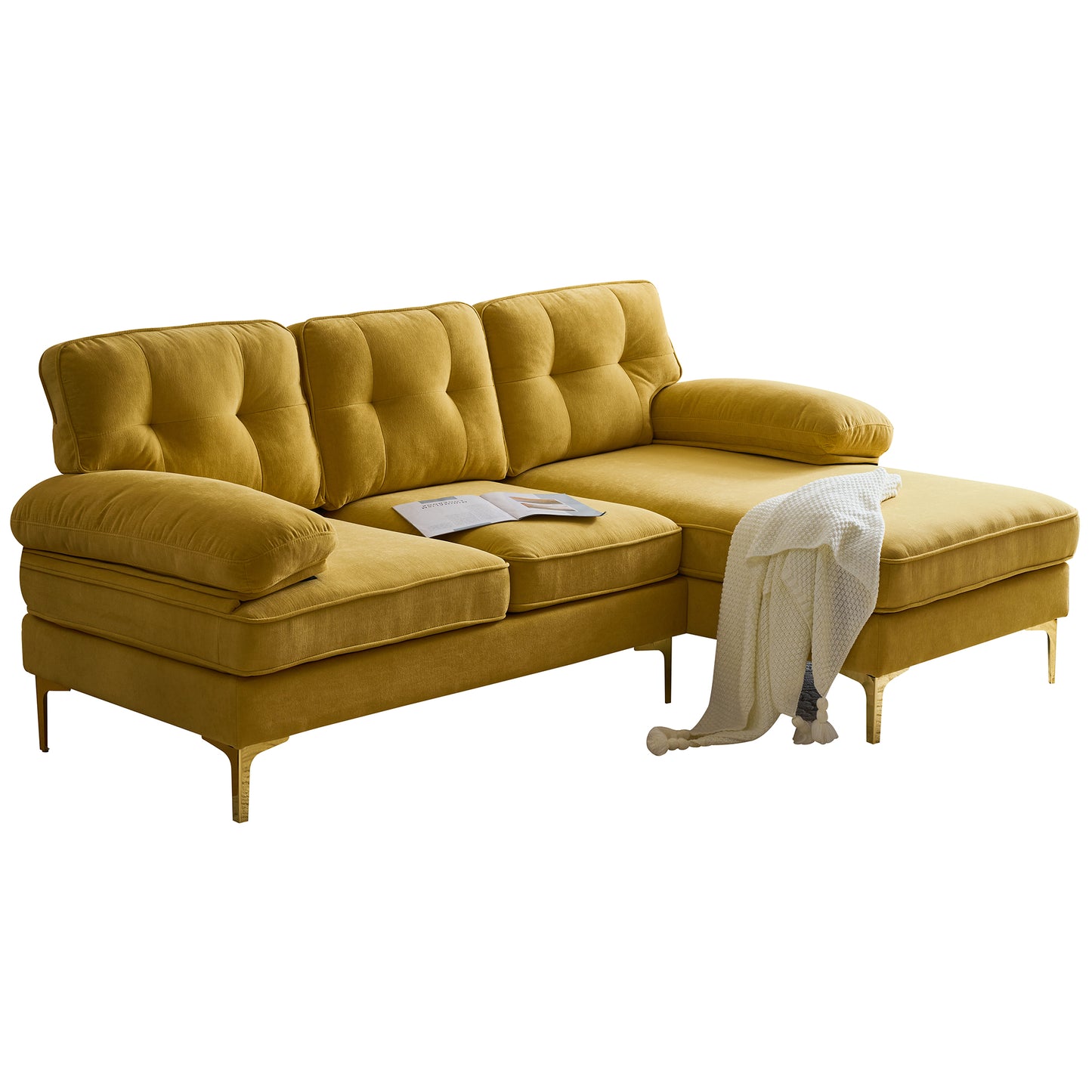 （缺货）83" Modern Sectional Sofas Couches Velvet L-Shaped Couches for Living Room, Bedroom, Yellow