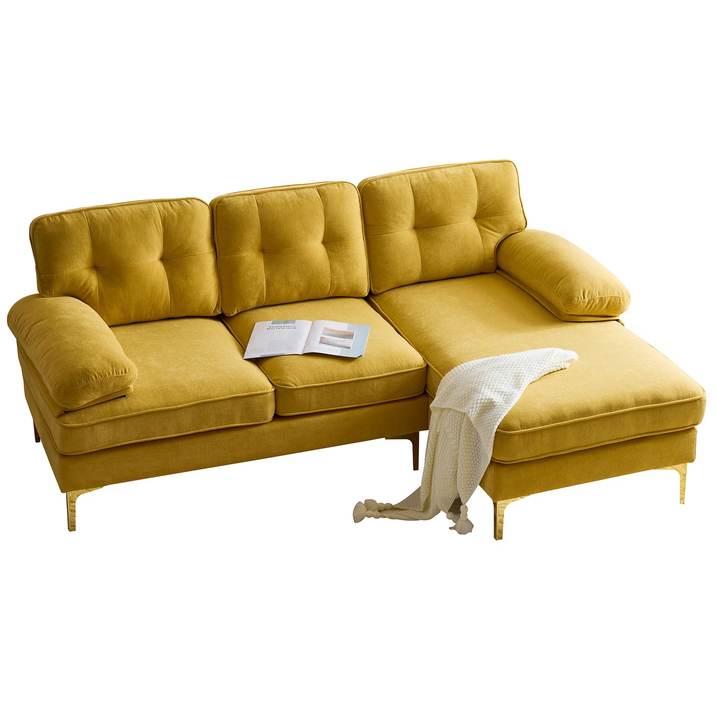 （缺货）83" Modern Sectional Sofas Couches Velvet L-Shaped Couches for Living Room, Bedroom, Yellow