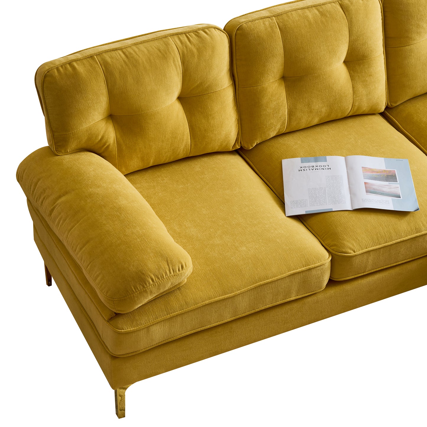 （缺货）83" Modern Sectional Sofas Couches Velvet L-Shaped Couches for Living Room, Bedroom, Yellow