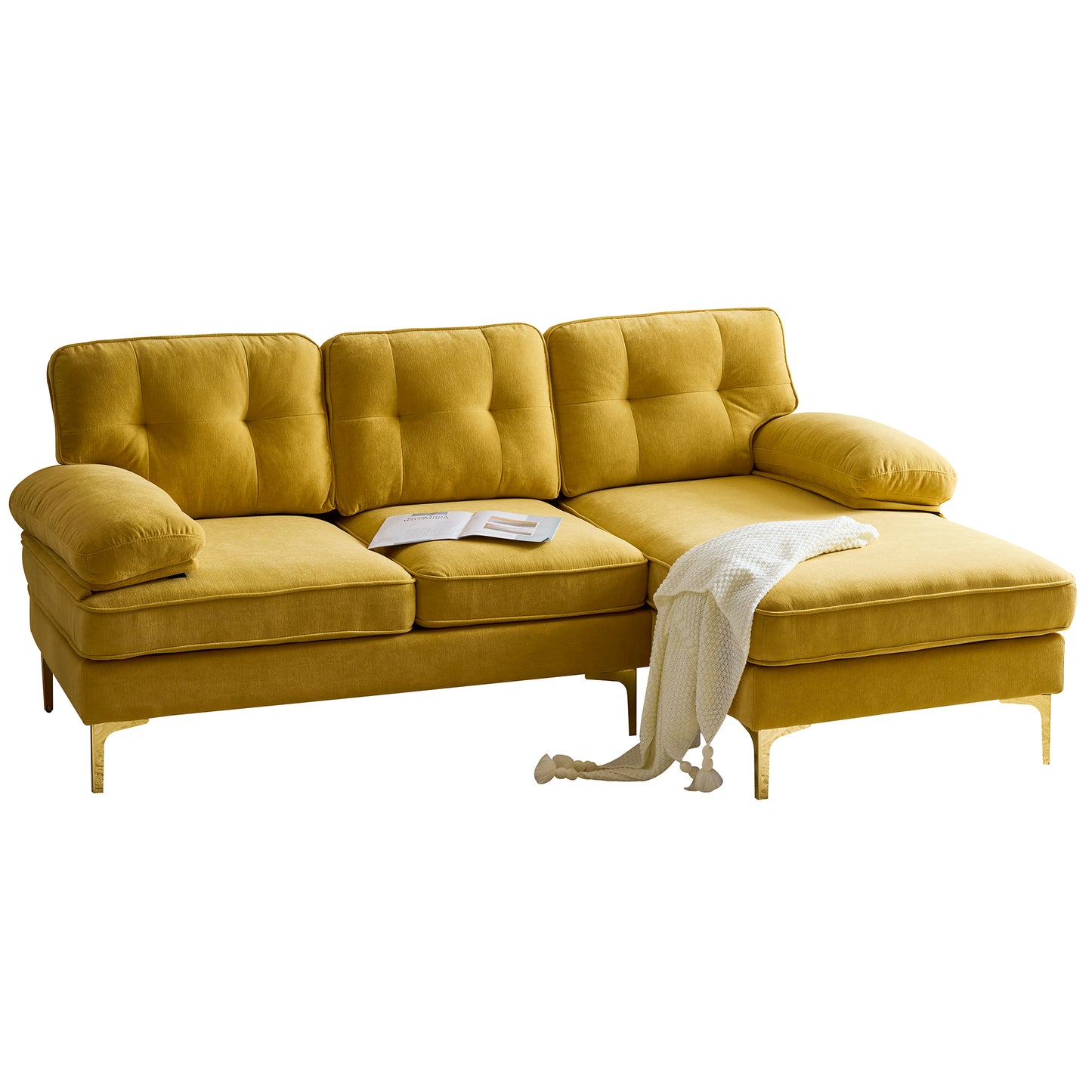 （缺货）83" Modern Sectional Sofas Couches Velvet L-Shaped Couches for Living Room, Bedroom, Yellow