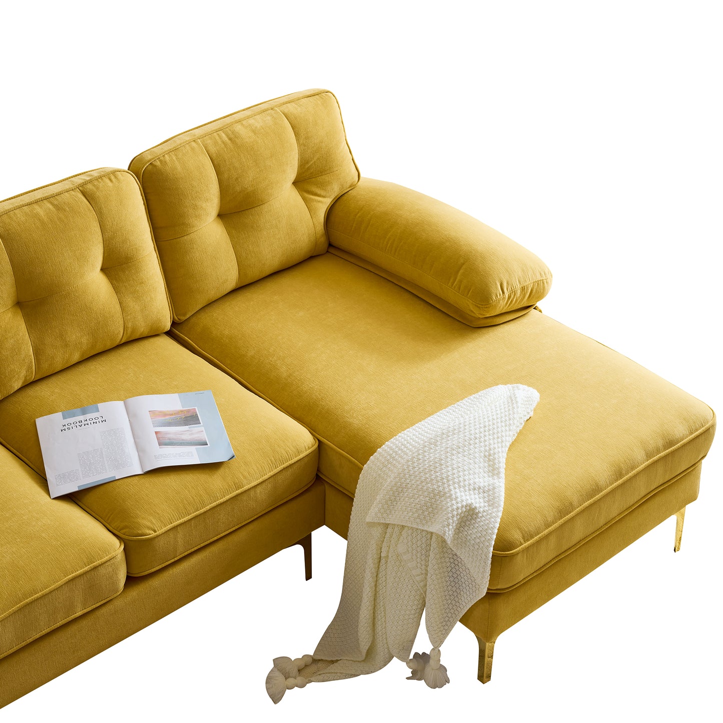 （缺货）83" Modern Sectional Sofas Couches Velvet L-Shaped Couches for Living Room, Bedroom, Yellow