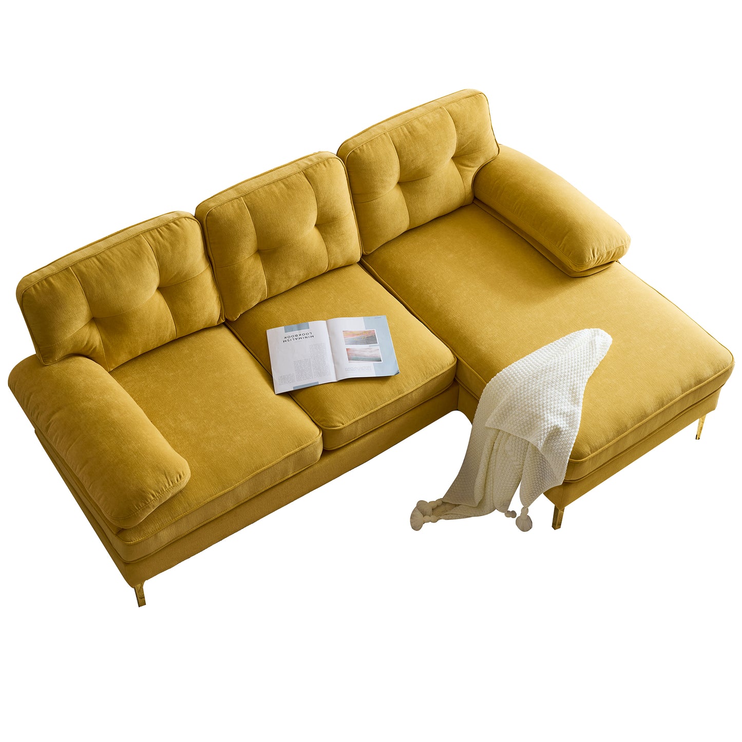 （缺货）83" Modern Sectional Sofas Couches Velvet L-Shaped Couches for Living Room, Bedroom, Yellow