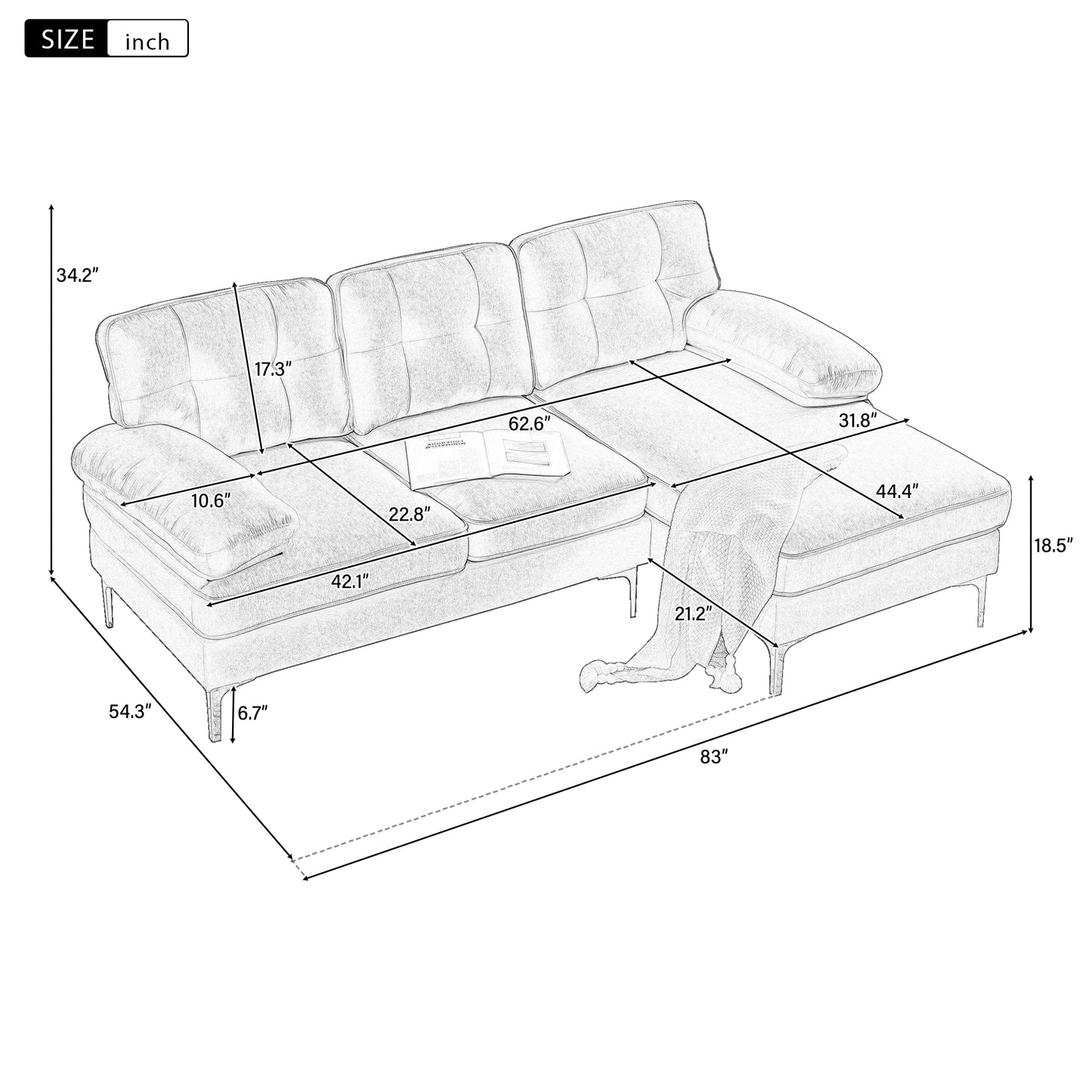 （缺货）83" Modern Sectional Sofas Couches Velvet L-Shaped Couches for Living Room, Bedroom, Yellow