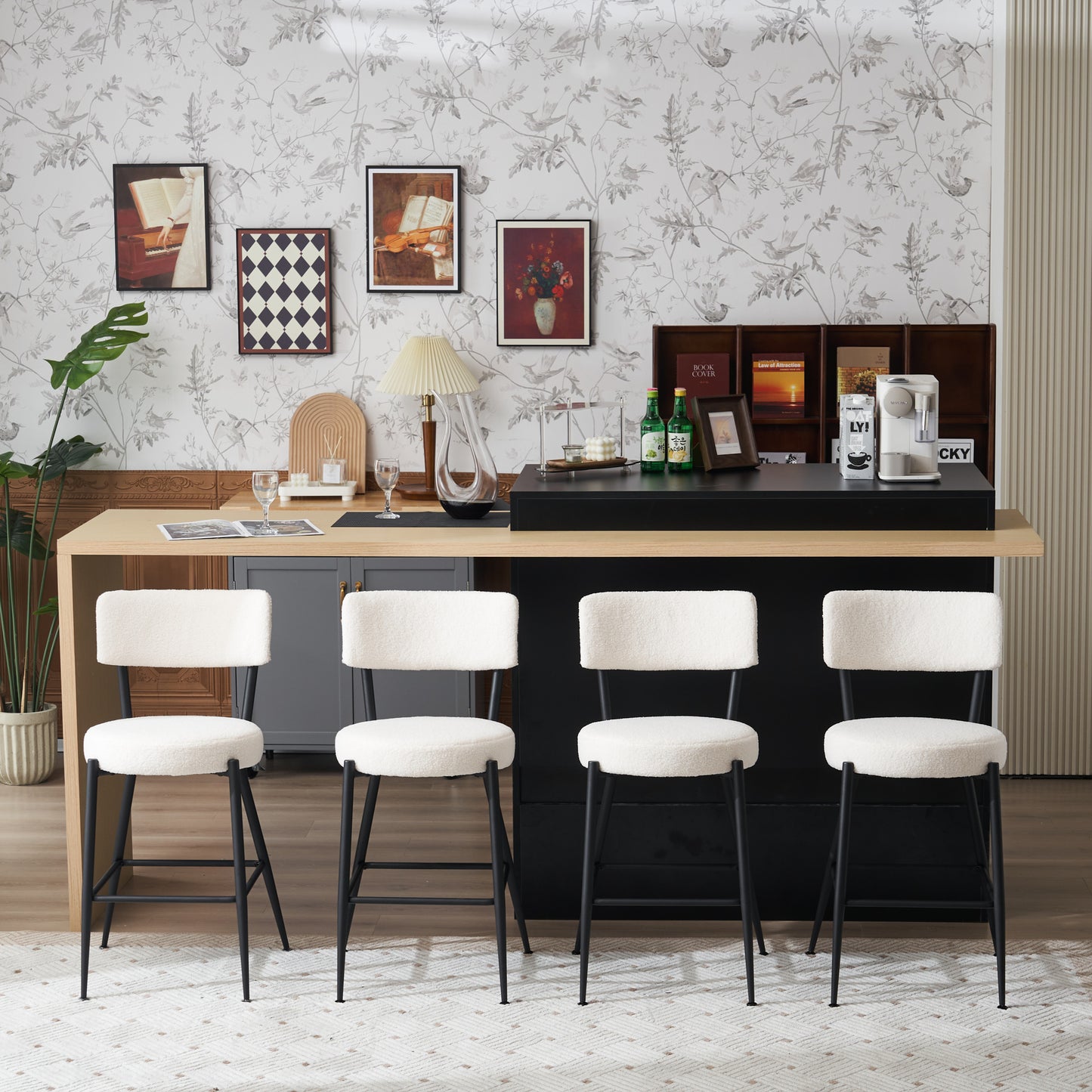 （缺货）Set of 2 modern teddy fabric upholstered bar stools - Metal base high stool - Suitable for kitchen, dining and living room - Beige - Stylish and comfortable island seating