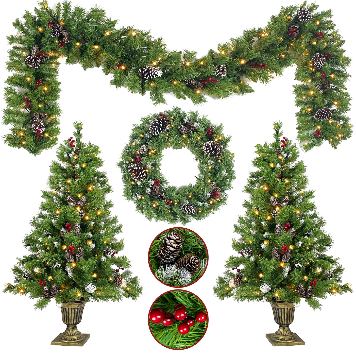 Pre-lit Xmas Tree Artificial Christmas 4-Piece Set,Garland, Wreath and Set of 2 Entrance Trees X-mas with LED Lights, Christmas Tree