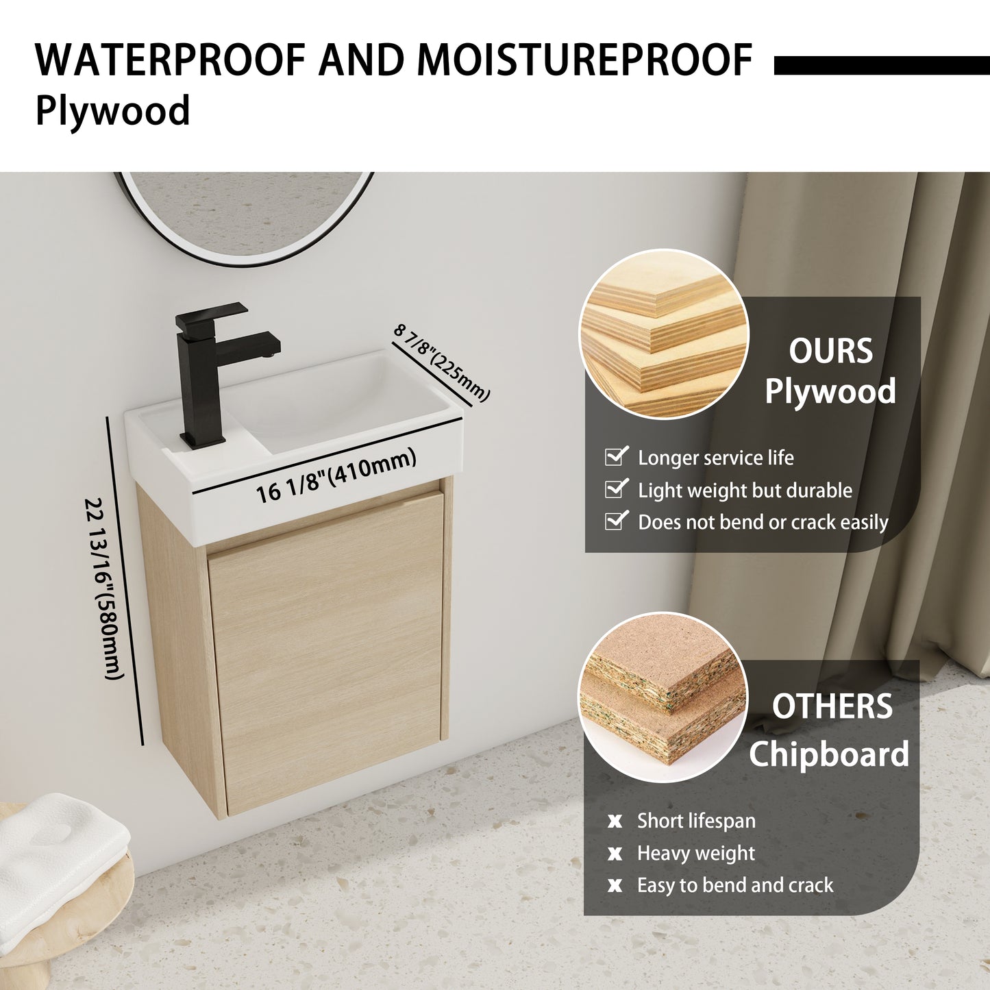 16 Inch Floating Bathroom Vanity With Single Sink,Soft Closing Doors, Suitable For Small Bathrooms-BVC03318PLO