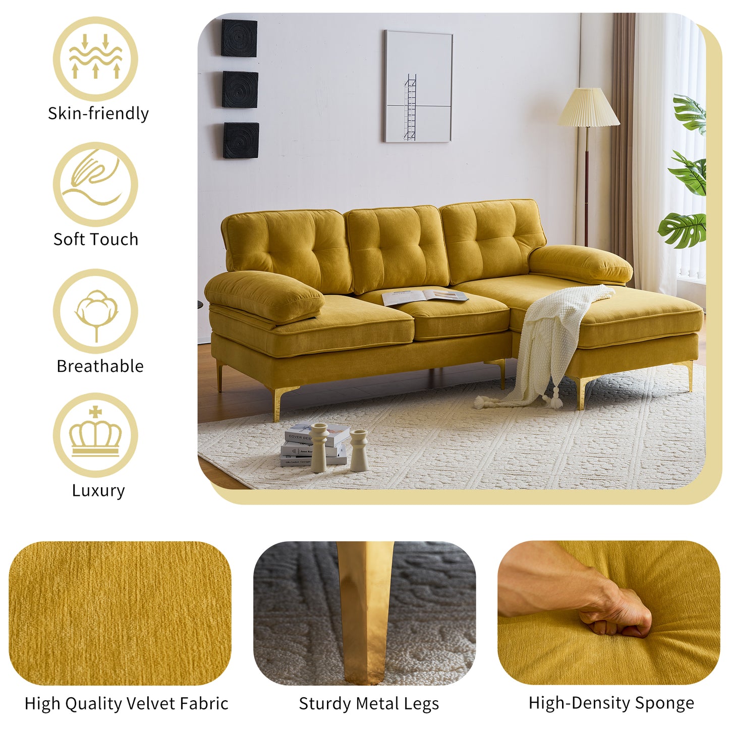 （缺货）83" Modern Sectional Sofas Couches Velvet L-Shaped Couches for Living Room, Bedroom, Yellow