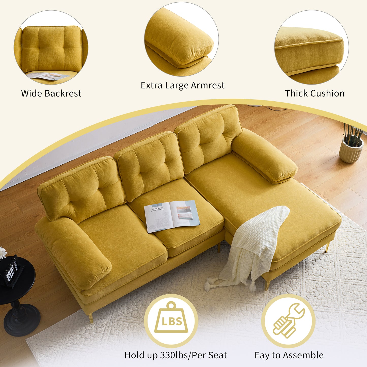 （缺货）83" Modern Sectional Sofas Couches Velvet L-Shaped Couches for Living Room, Bedroom, Yellow