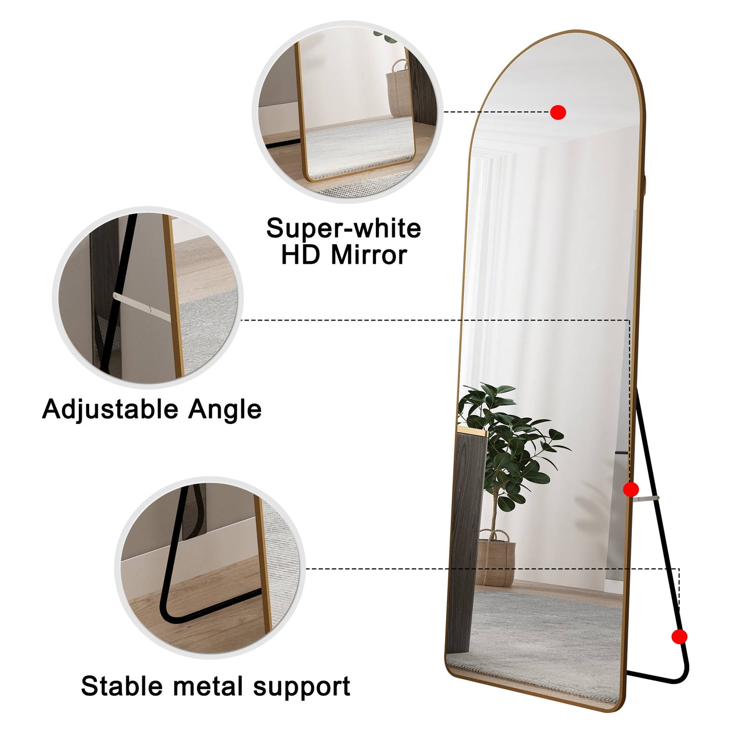 The 3rd generation aluminum alloy metal frame arched floor mounted wall mirror, upgraded in quality, bathroom makeup mirror, bedroom entrance, clothing store, gold 65 "* 23 "