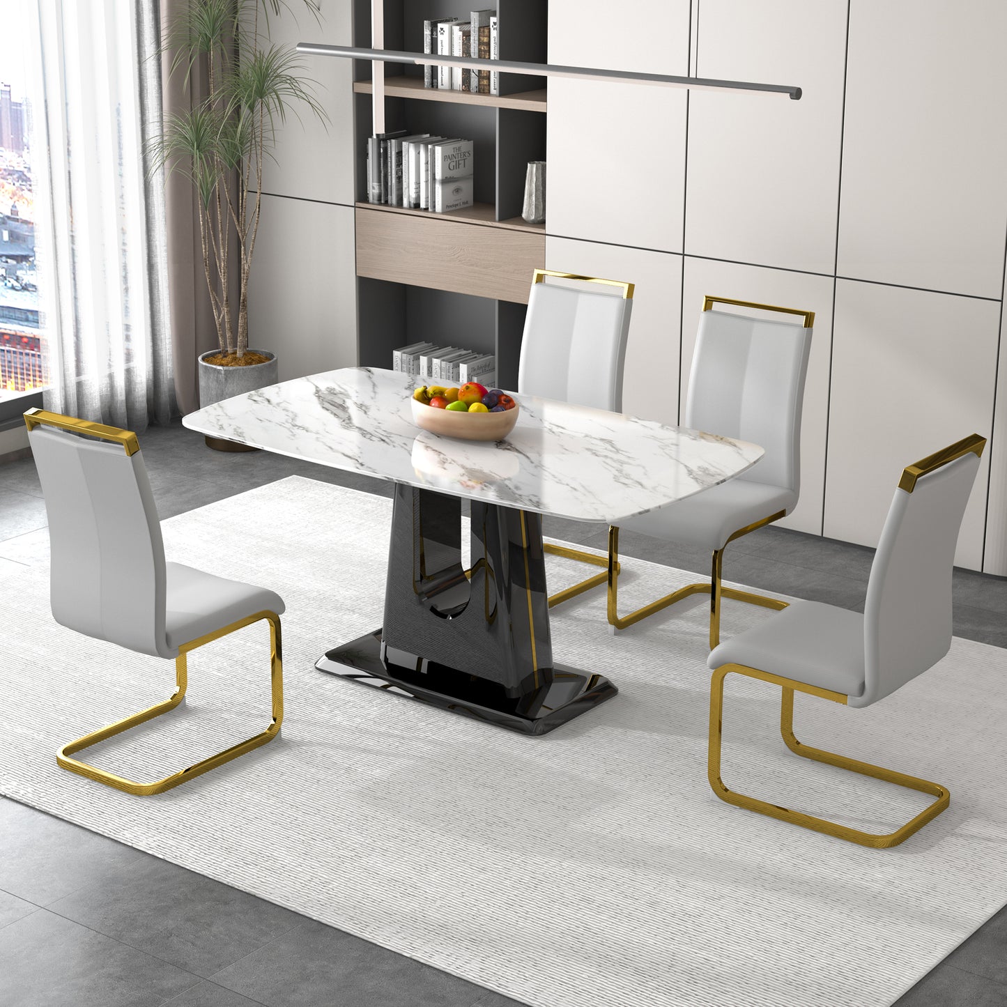 A modern, minimalist, and luxurious dining table with a white imitation marble tabletop and MDF legs with U-shaped brackets. Tables in restaurants and living rooms 63"*35.4"*30 F-U