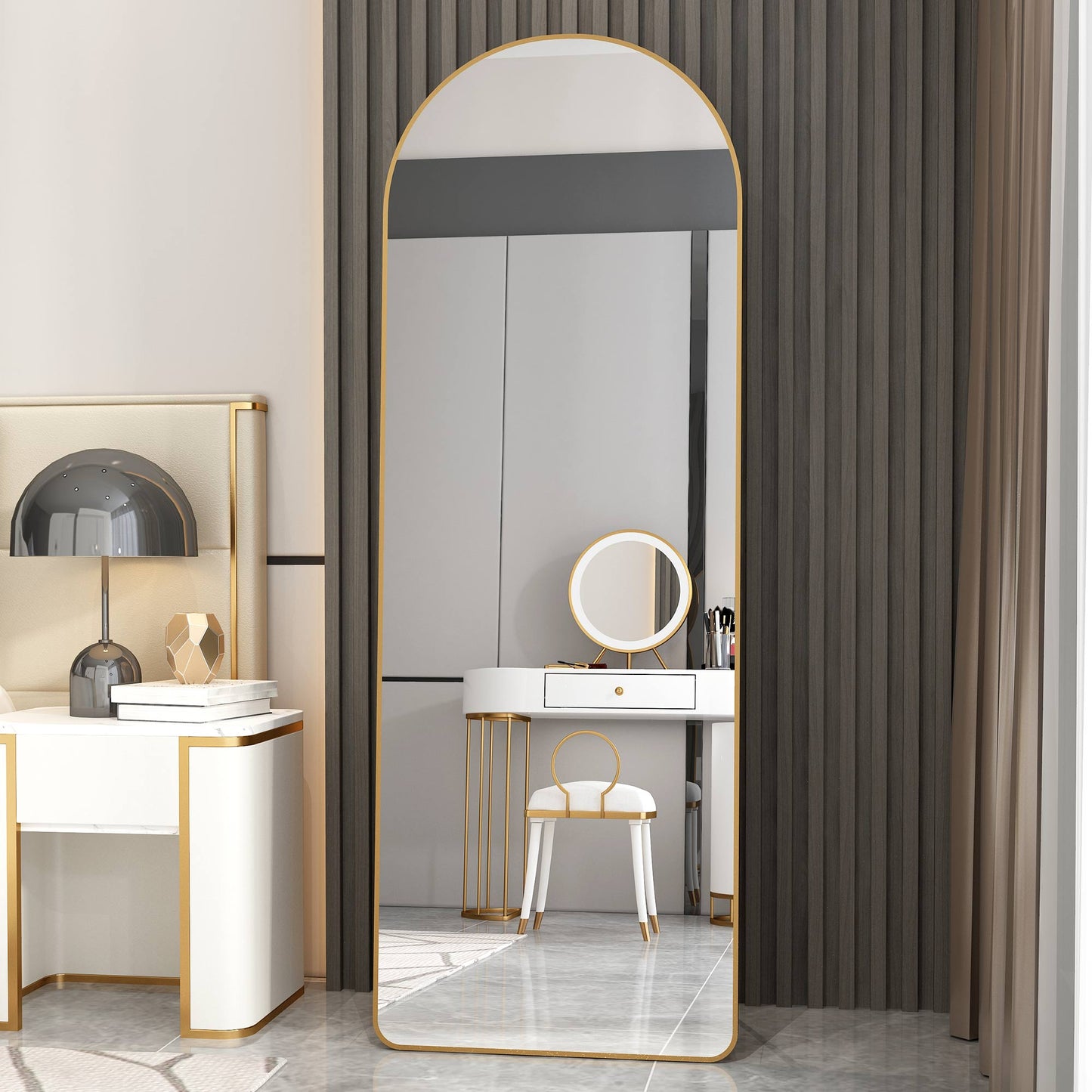 The 3rd generation aluminum alloy metal frame arched floor mounted wall mirror, upgraded in quality, bathroom makeup mirror, bedroom entrance, clothing store, gold 65 "* 23 "