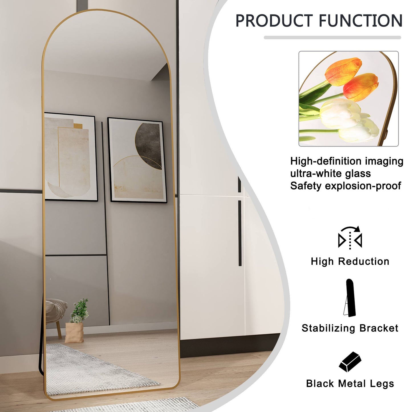 The 3rd generation aluminum alloy metal frame arched floor mounted wall mirror, upgraded in quality, bathroom makeup mirror, bedroom entrance, clothing store, gold 65 "* 23 "