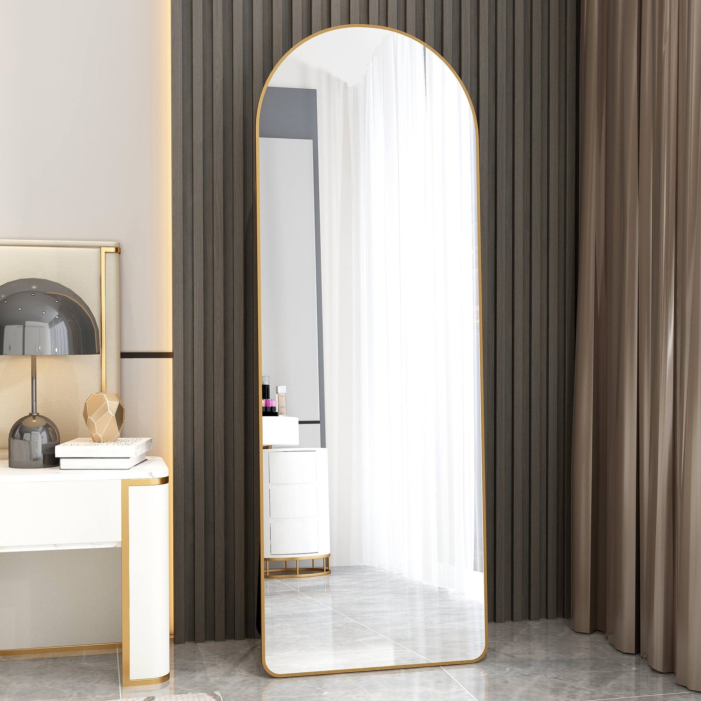 The 3rd generation aluminum alloy metal frame arched floor mounted wall mirror, upgraded in quality, bathroom makeup mirror, bedroom entrance, clothing store, gold 65 "* 23 "