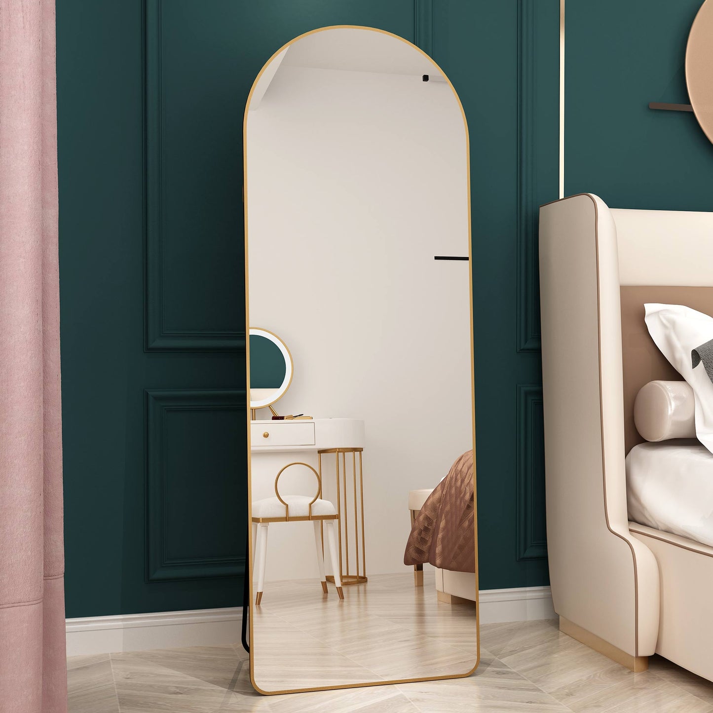 The 3rd generation aluminum alloy metal frame arched floor mounted wall mirror, upgraded in quality, bathroom makeup mirror, bedroom entrance, clothing store, gold 65 "* 23 "