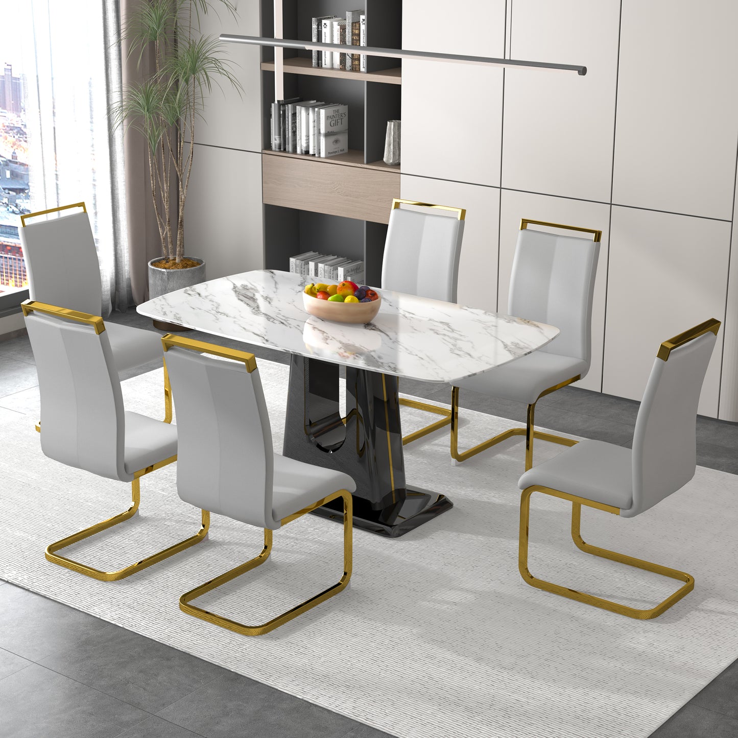 A modern, minimalist, and luxurious dining table with a white imitation marble tabletop and MDF legs with U-shaped brackets. Tables in restaurants and living rooms 63"*35.4"*30 F-U