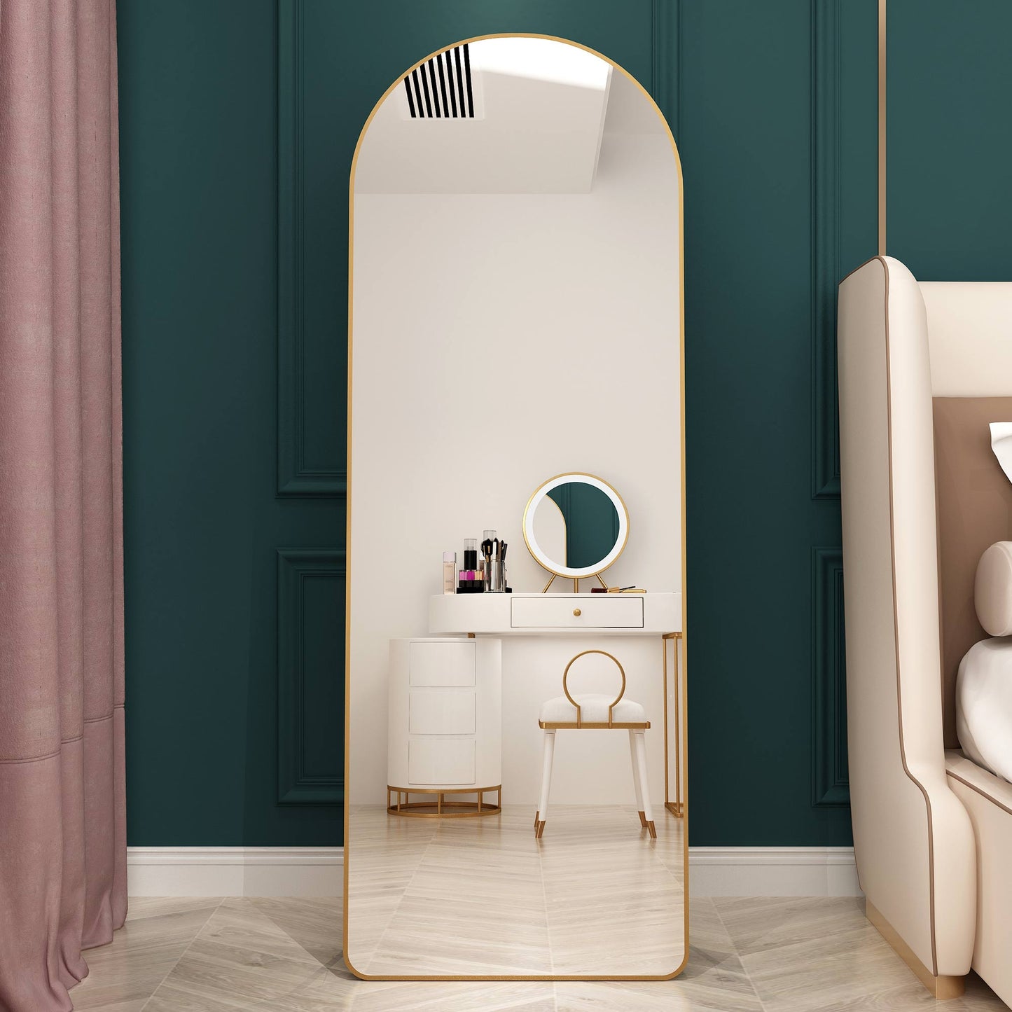 The 3rd generation aluminum alloy metal frame arched floor mounted wall mirror, upgraded in quality, bathroom makeup mirror, bedroom entrance, clothing store, gold 65 "* 23 "