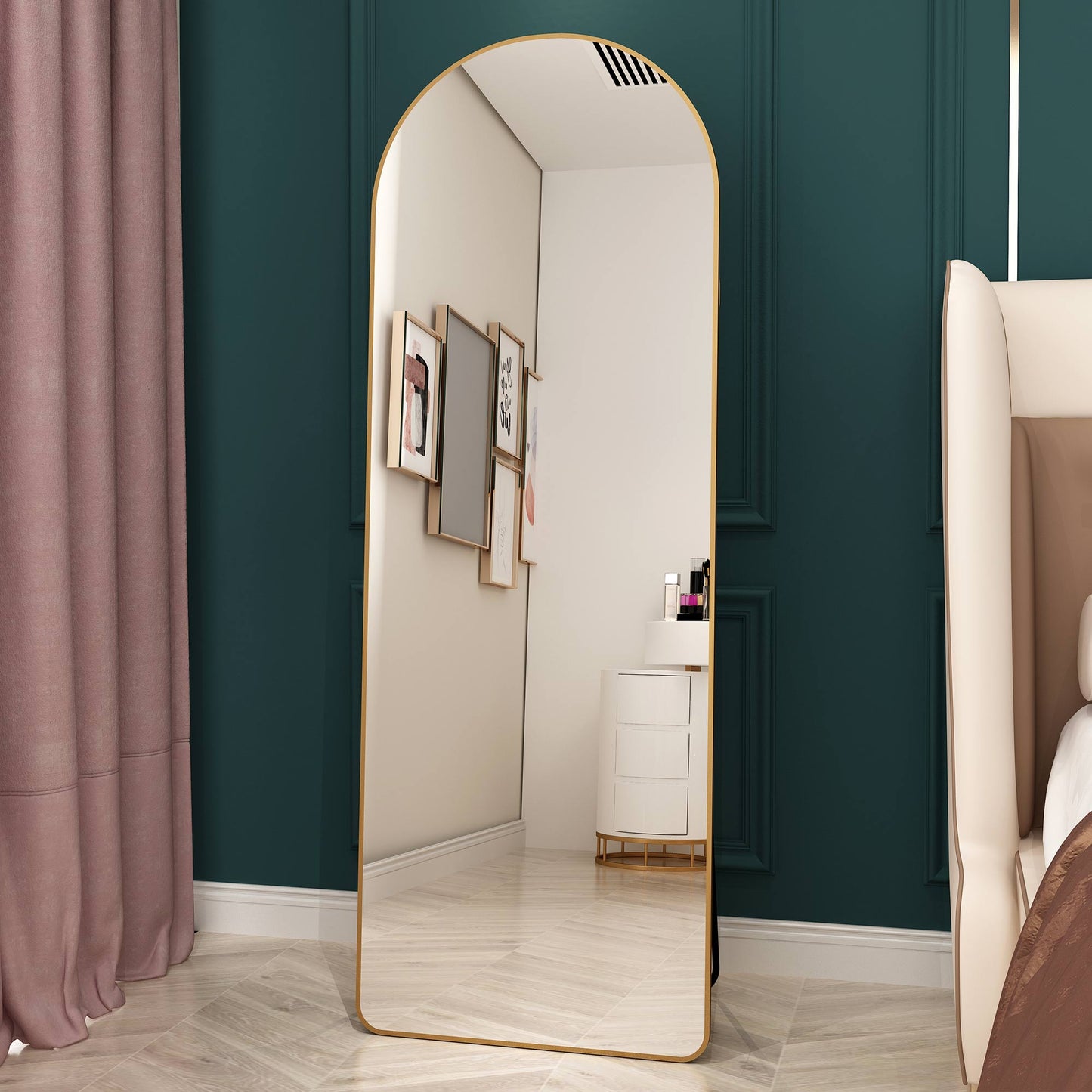 The 3rd generation aluminum alloy metal frame arched floor mounted wall mirror, upgraded in quality, bathroom makeup mirror, bedroom entrance, clothing store, gold 65 "* 23 "