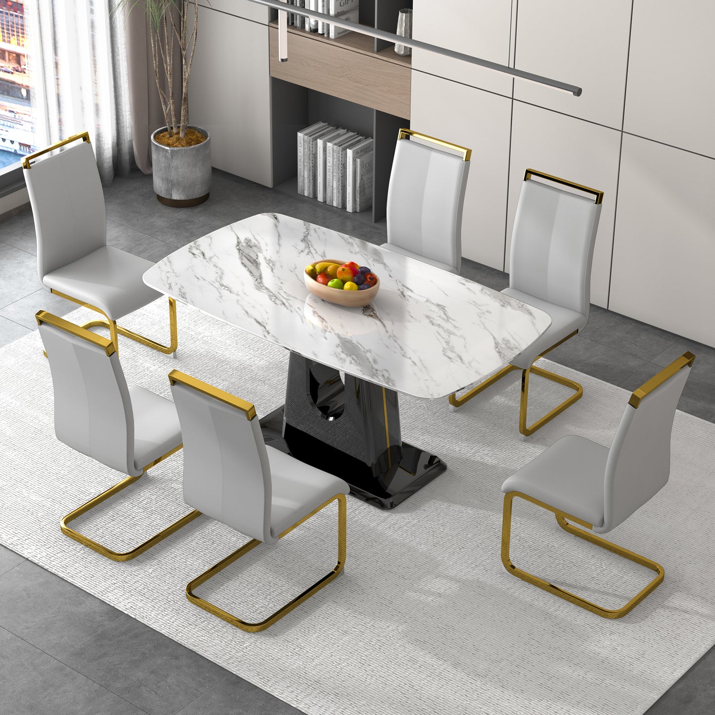 A modern, minimalist, and luxurious dining table with a white imitation marble tabletop and MDF legs with U-shaped brackets. Tables in restaurants and living rooms 63"*35.4"*30 F-U