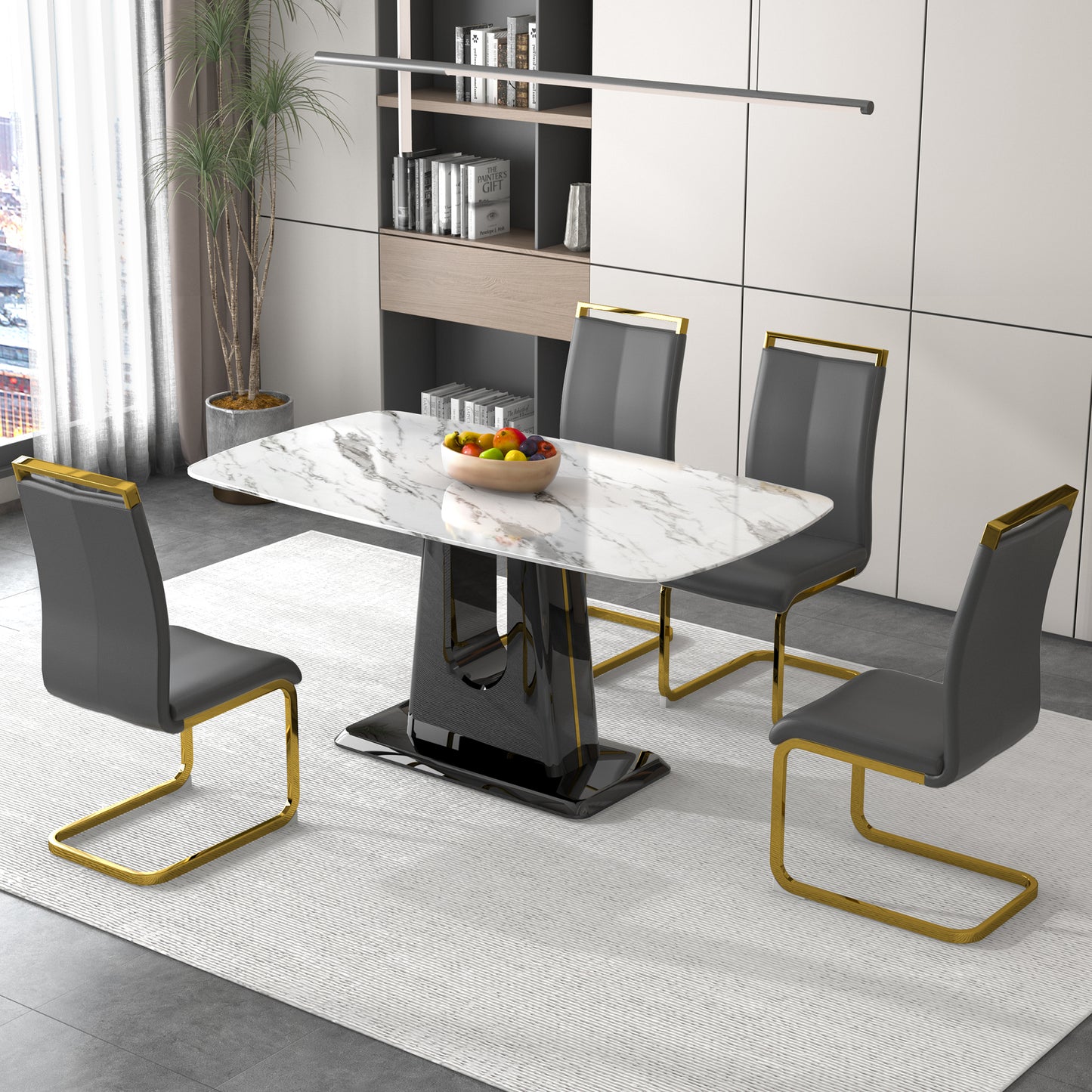 A modern, minimalist, and luxurious dining table with a white imitation marble tabletop and MDF legs with U-shaped brackets. Tables in restaurants and living rooms 63"*35.4"*30 F-U