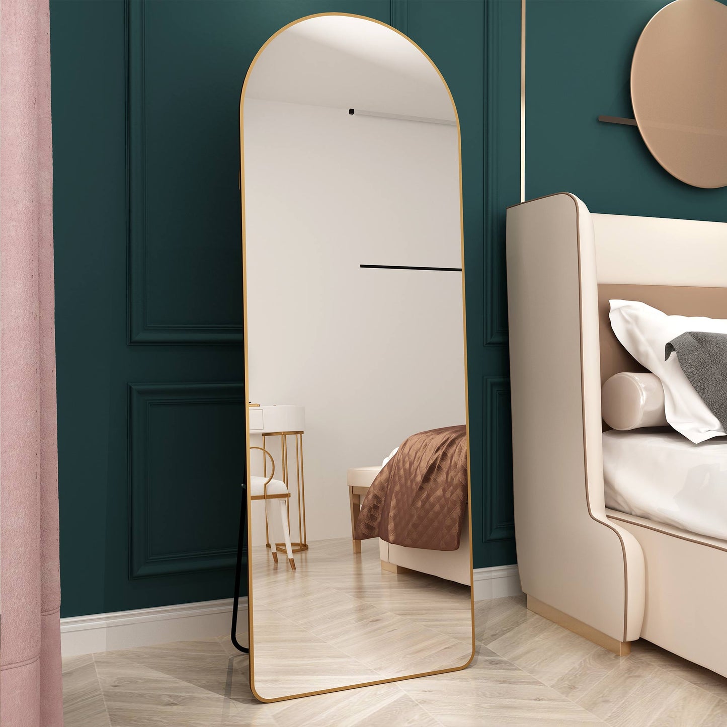 The 3rd generation aluminum alloy metal frame arched floor mounted wall mirror, upgraded in quality, bathroom makeup mirror, bedroom entrance, clothing store, gold 65 "* 23 "