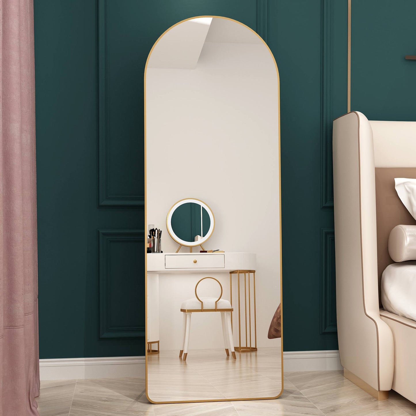 The 3rd generation aluminum alloy metal frame arched floor mounted wall mirror, upgraded in quality, bathroom makeup mirror, bedroom entrance, clothing store, gold 65 "* 23 "