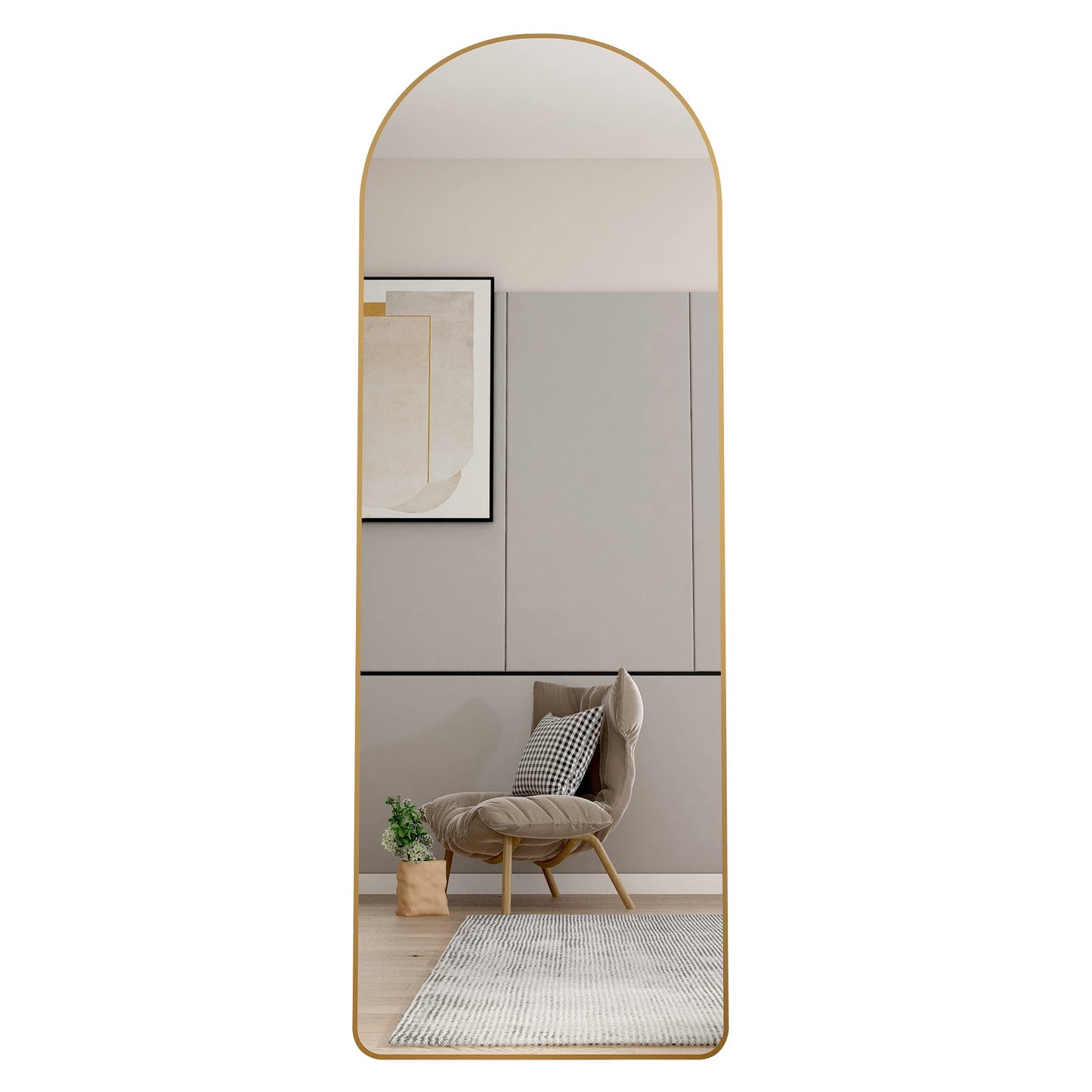 The 3rd generation aluminum alloy metal frame arched floor mounted wall mirror, upgraded in quality, bathroom makeup mirror, bedroom entrance, clothing store, gold 65 "* 23 "