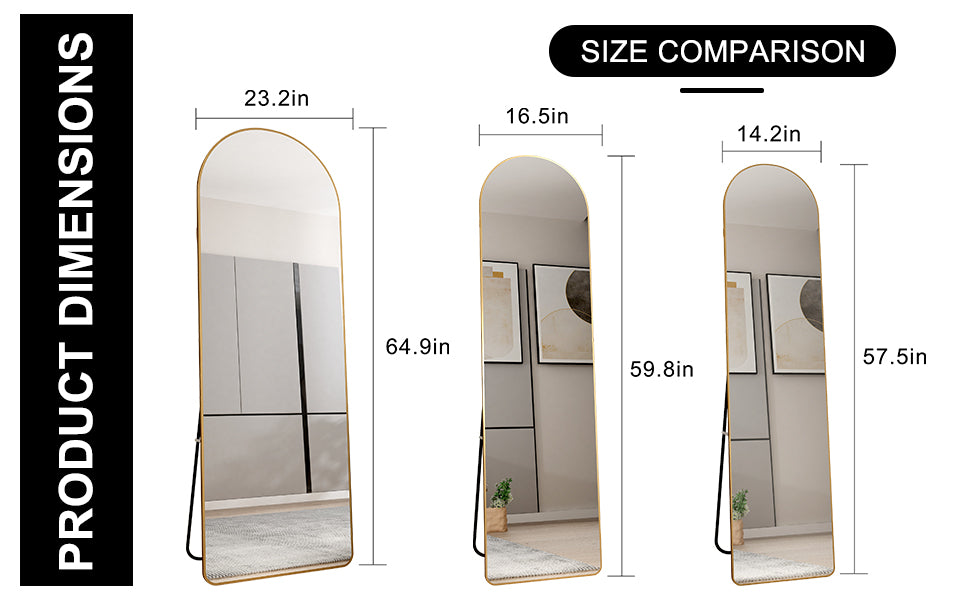 The 3rd generation aluminum alloy metal frame arched floor mounted wall mirror, upgraded in quality, bathroom makeup mirror, bedroom entrance, clothing store, gold 65 "* 23 "