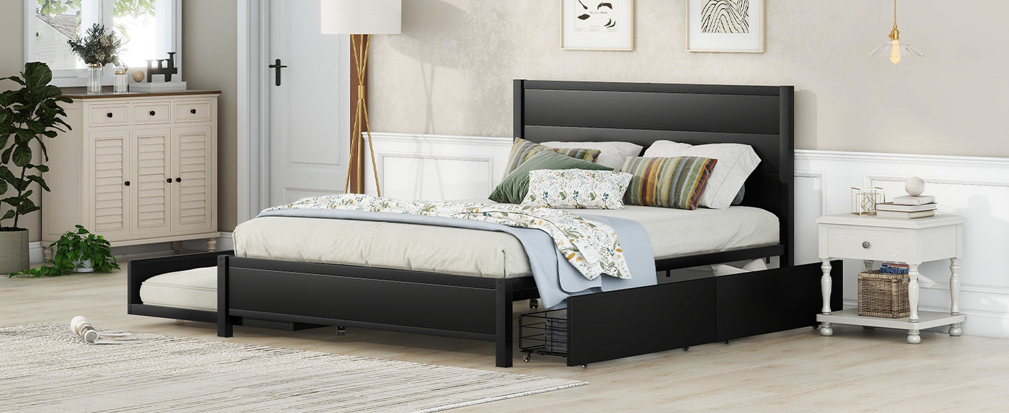 Metal Queen Size Storage Platform Bed with Twin Size Trundle and 2 Drawers, Black