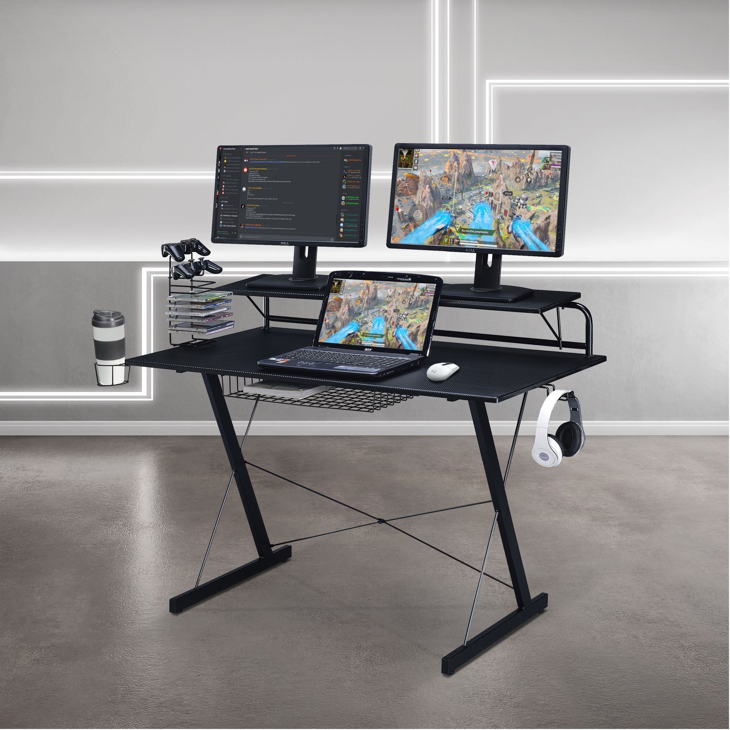 （缺货）Techni Sport TS-200 Carbon Computer Gaming Desk with Shelving, Black