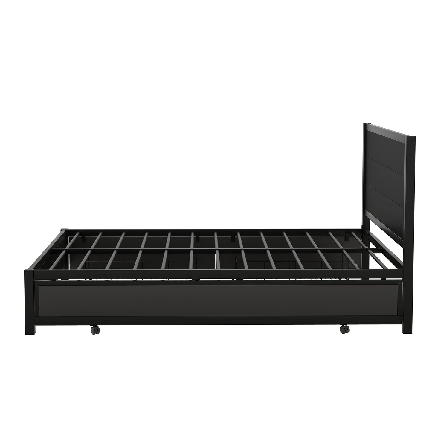 Metal Queen Size Storage Platform Bed with Twin Size Trundle and 2 Drawers, Black