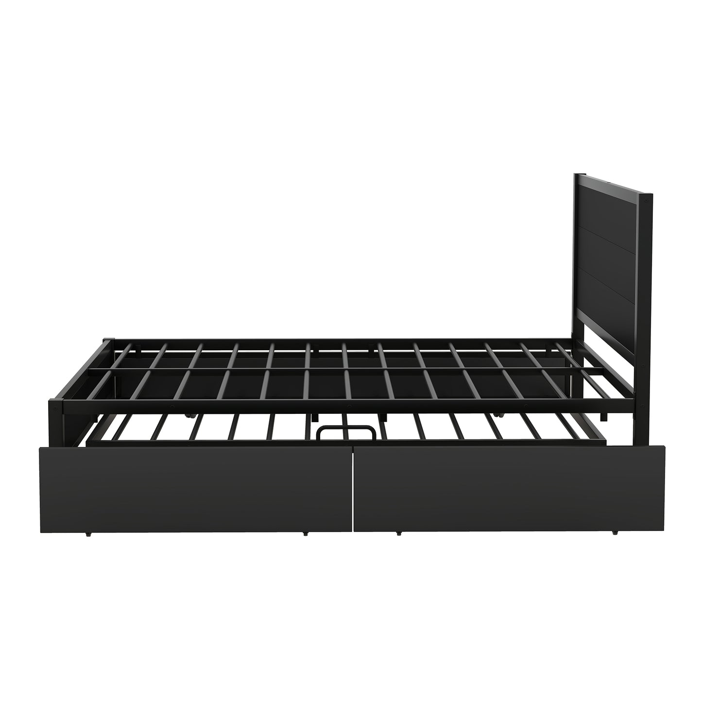 Metal Queen Size Storage Platform Bed with Twin Size Trundle and 2 Drawers, Black