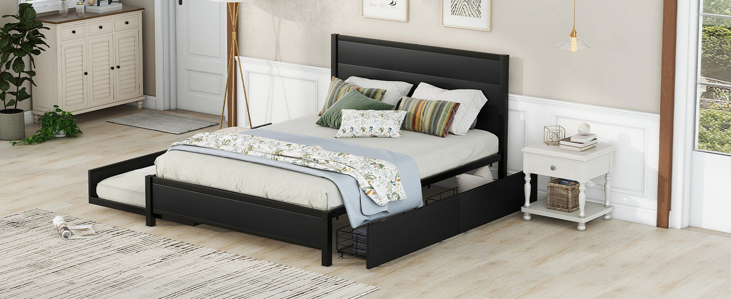 Metal Queen Size Storage Platform Bed with Twin Size Trundle and 2 Drawers, Black