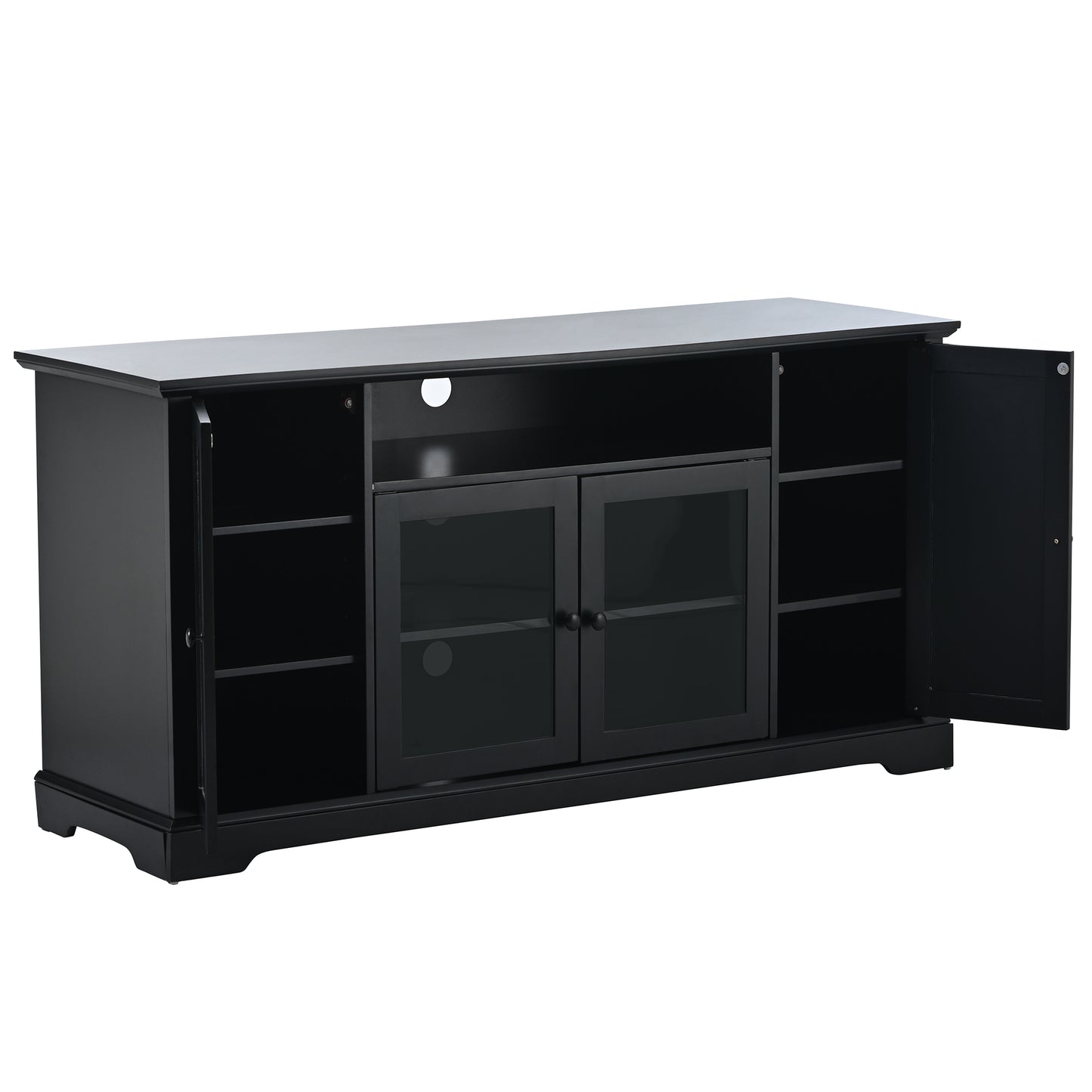 U-Can TV Stand for TV up to 65in with 2 Tempered Glass Doors Adjustable Panels Open Style Cabinet, Sideboard for Living room, Black