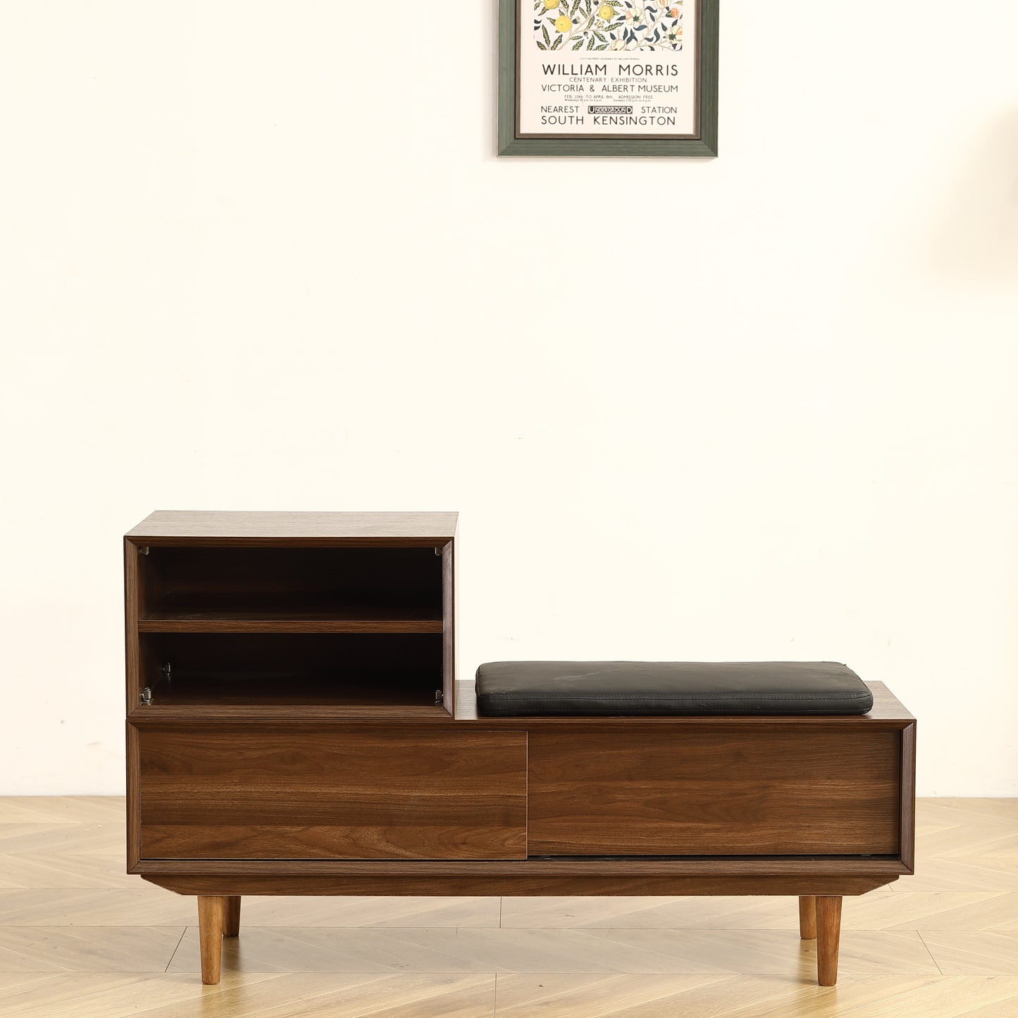 （缺货）Modern Shoe Changing Cabinet with Cushion - 47.24 Inch, Black Walnut Finish, Solid Wood Legs - Spacious and Fashionable Shoe Cabinet