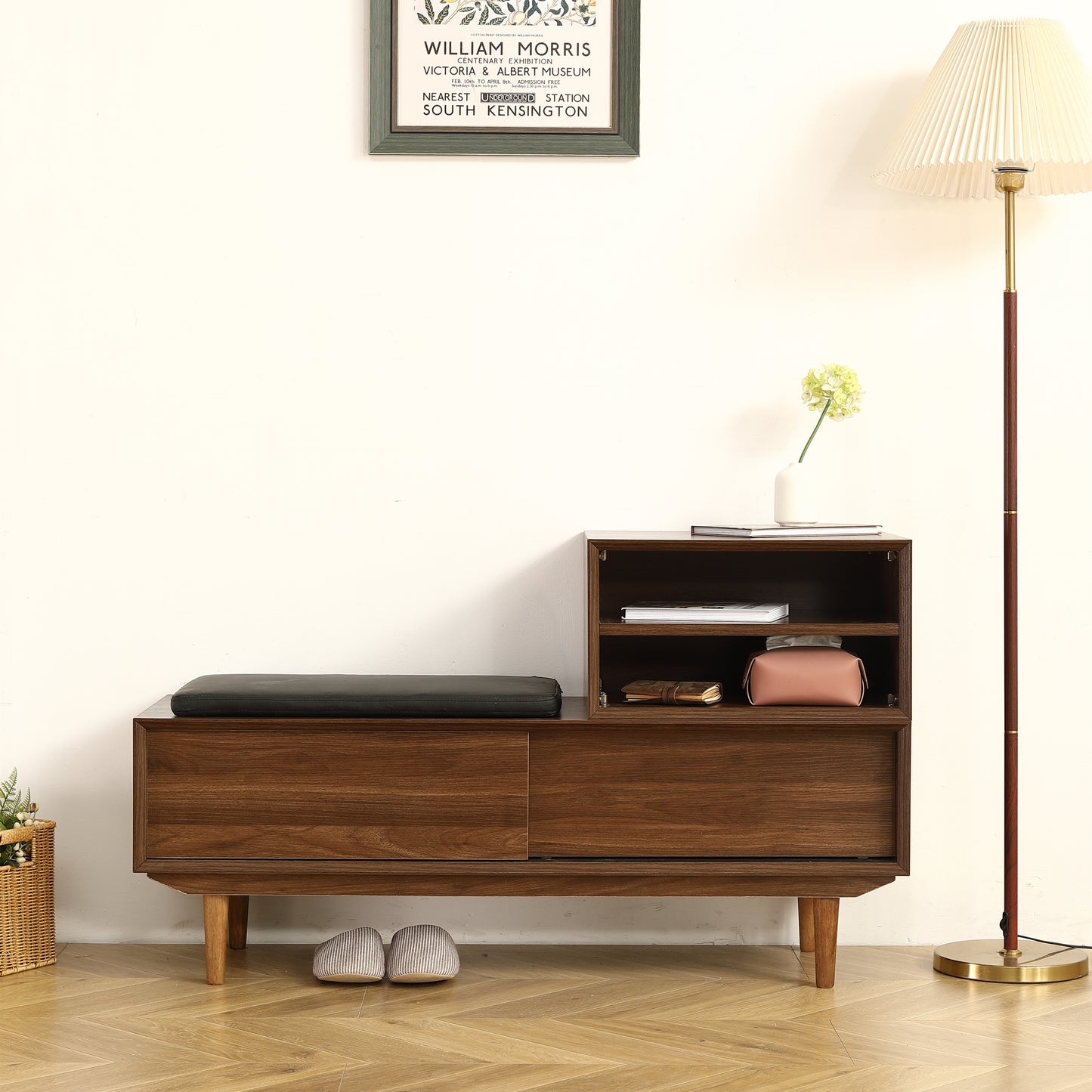 （缺货）Modern Shoe Changing Cabinet with Cushion - 47.24 Inch, Black Walnut Finish, Solid Wood Legs - Spacious and Fashionable Shoe Cabinet