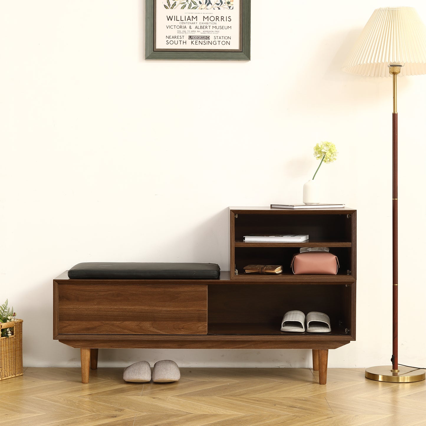 （缺货）Modern Shoe Changing Cabinet with Cushion - 47.24 Inch, Black Walnut Finish, Solid Wood Legs - Spacious and Fashionable Shoe Cabinet