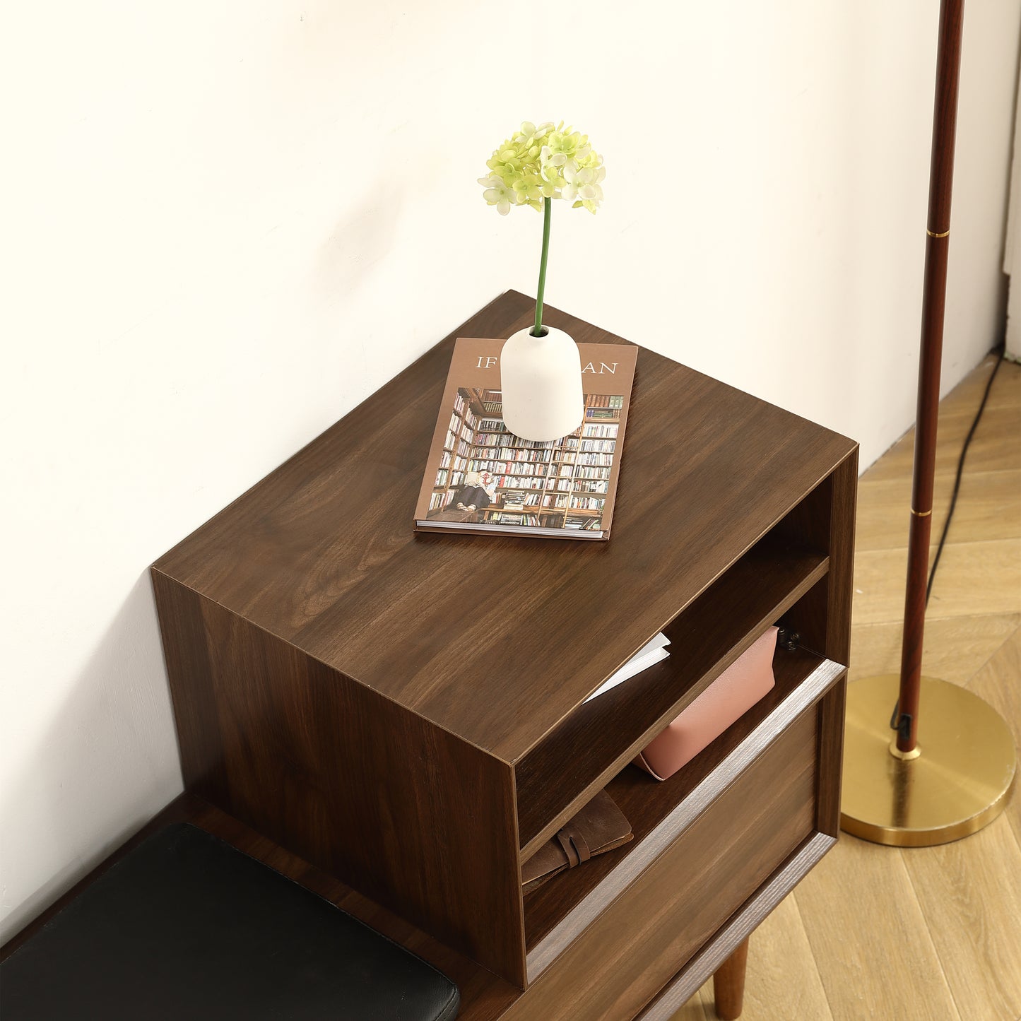 （缺货）Modern Shoe Changing Cabinet with Cushion - 47.24 Inch, Black Walnut Finish, Solid Wood Legs - Spacious and Fashionable Shoe Cabinet