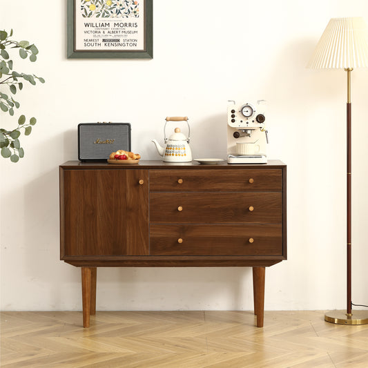 （缺货）Modern Buffet Cabinet Sideboard with Walnut Finish, Solid Wood Legs - 43.3 Inch Stylish Design, One Door, Three Drawers, Smooth Metal Rails