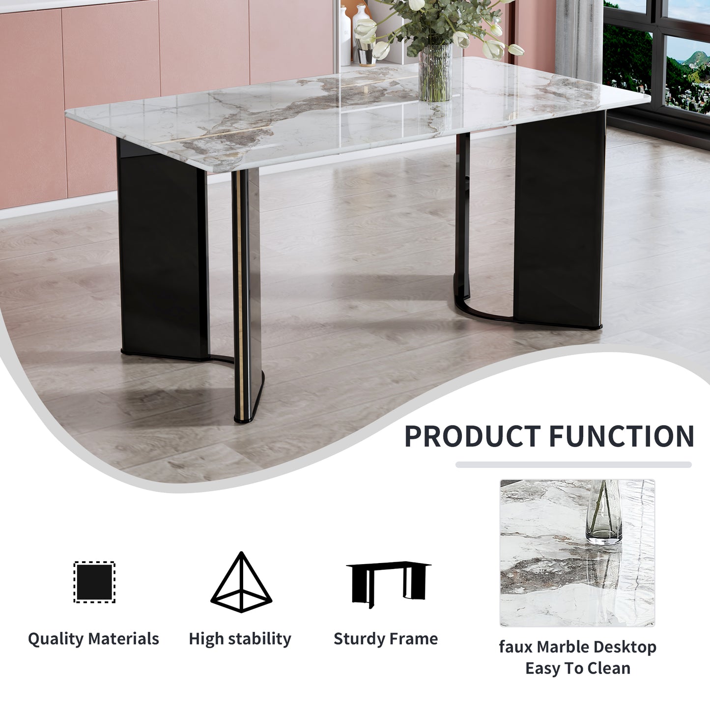 （预计2025-01-01 ~ 2025-01-08到货）Modern minimalist rectangular dining table, white imitation marble tabletop, MDF table legs with gold metal decorative strips. Suitable for restaurant and living room F-HH