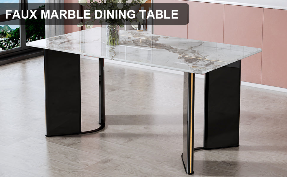 （预计2025-01-01 ~ 2025-01-08到货）Modern minimalist rectangular dining table, white imitation marble tabletop, MDF table legs with gold metal decorative strips. Suitable for restaurant and living room F-HH