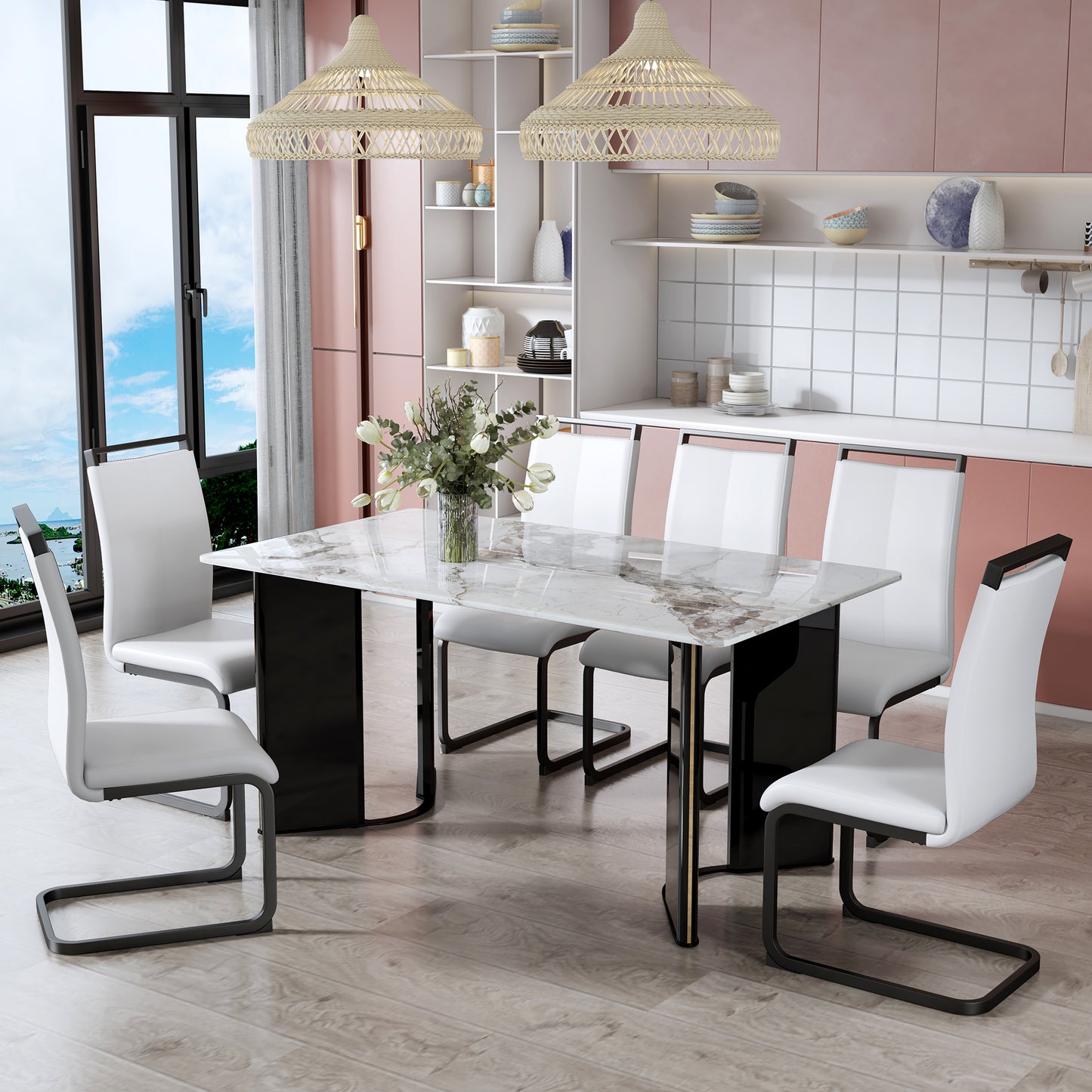 （预计2025-01-01 ~ 2025-01-08到货）Modern minimalist rectangular dining table, white imitation marble tabletop, MDF table legs with gold metal decorative strips. Suitable for restaurant and living room F-HH