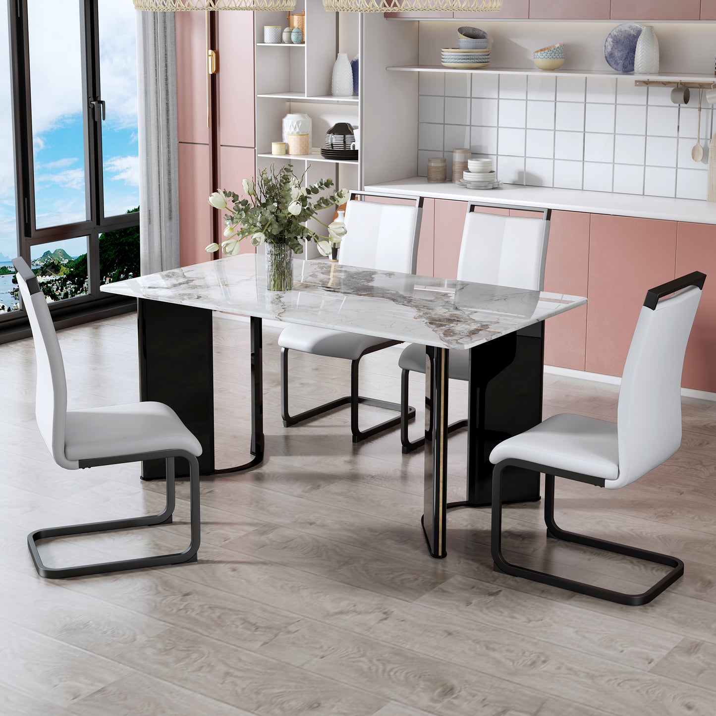 （预计2025-01-01 ~ 2025-01-08到货）Modern minimalist rectangular dining table, white imitation marble tabletop, MDF table legs with gold metal decorative strips. Suitable for restaurant and living room F-HH