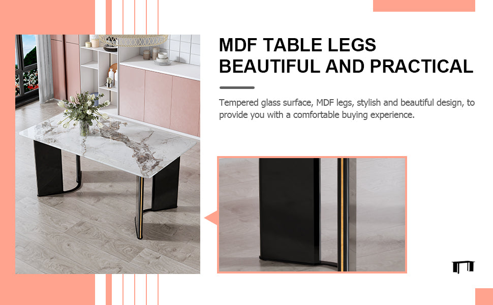 （预计2025-01-01 ~ 2025-01-08到货）Modern minimalist rectangular dining table, white imitation marble tabletop, MDF table legs with gold metal decorative strips. Suitable for restaurant and living room F-HH