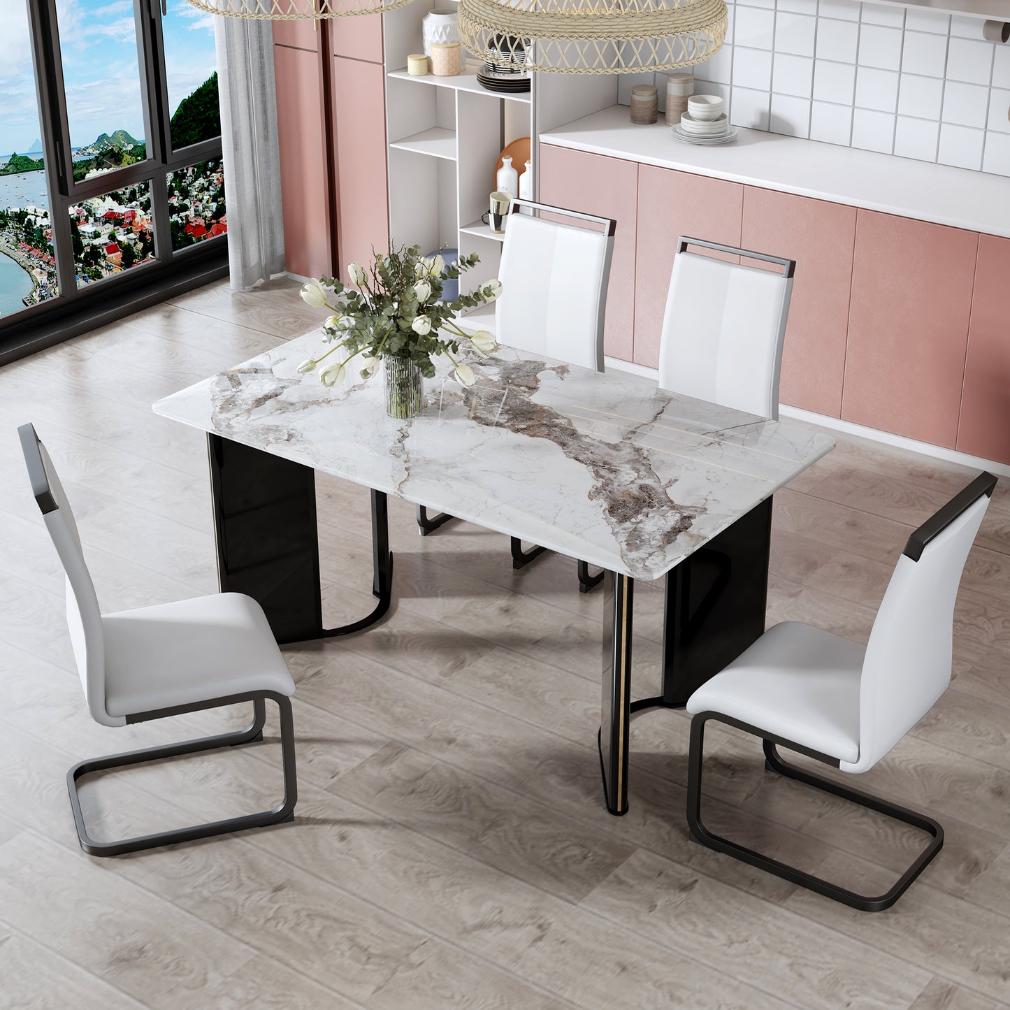 （预计2025-01-01 ~ 2025-01-08到货）Modern minimalist rectangular dining table, white imitation marble tabletop, MDF table legs with gold metal decorative strips. Suitable for restaurant and living room F-HH