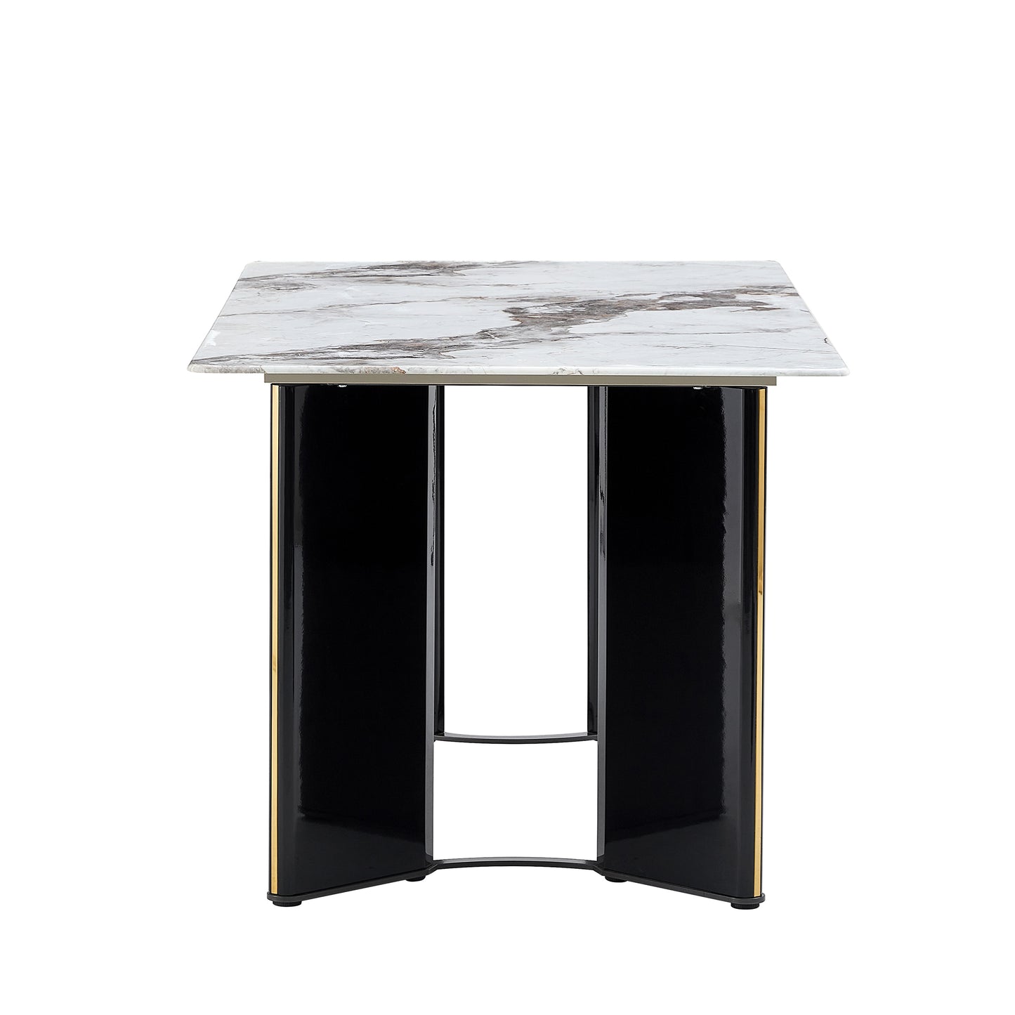 （预计2025-01-01 ~ 2025-01-08到货）Modern minimalist rectangular dining table, white imitation marble tabletop, MDF table legs with gold metal decorative strips. Suitable for restaurant and living room F-HH