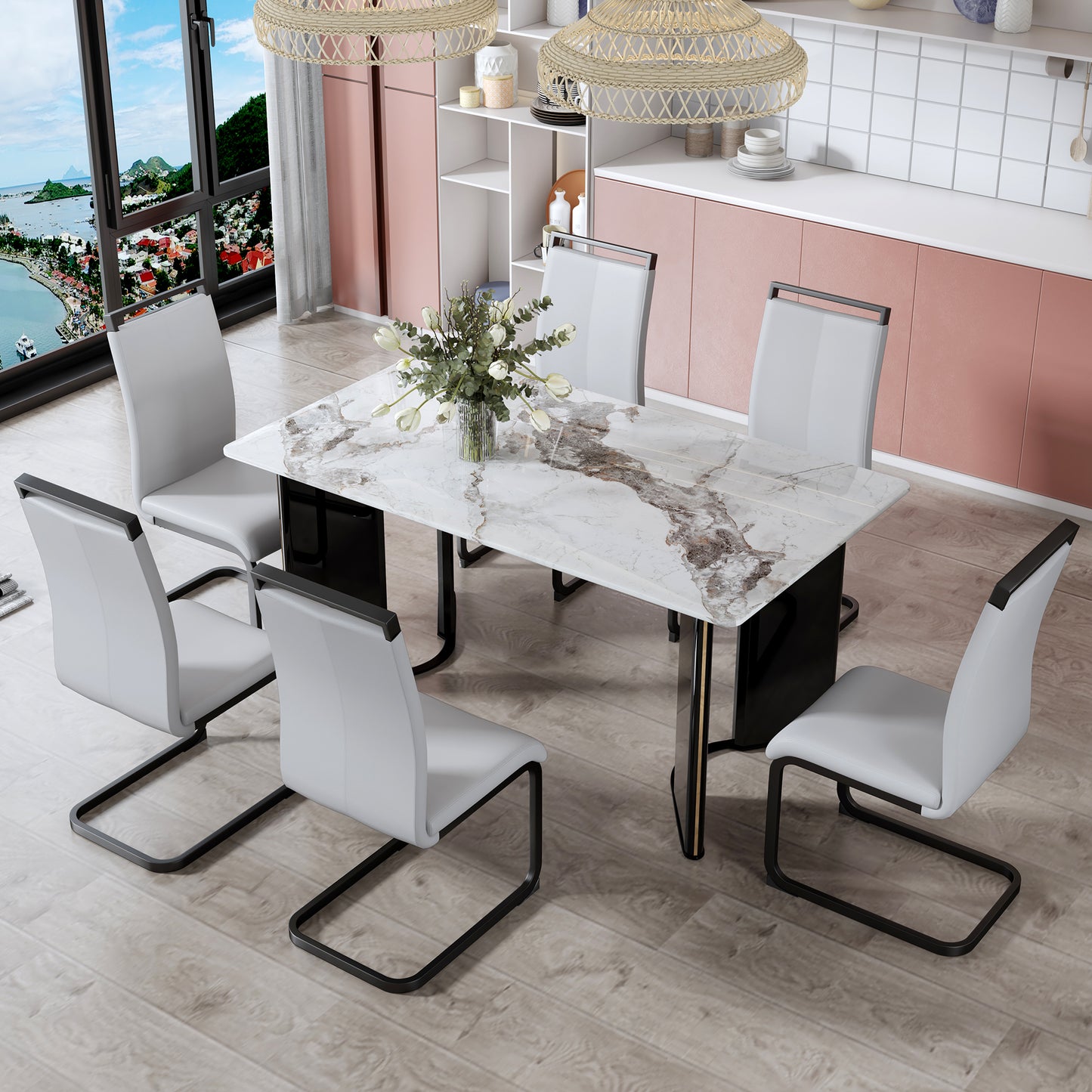 （预计2025-01-01 ~ 2025-01-08到货）Modern minimalist rectangular dining table, white imitation marble tabletop, MDF table legs with gold metal decorative strips. Suitable for restaurant and living room F-HH