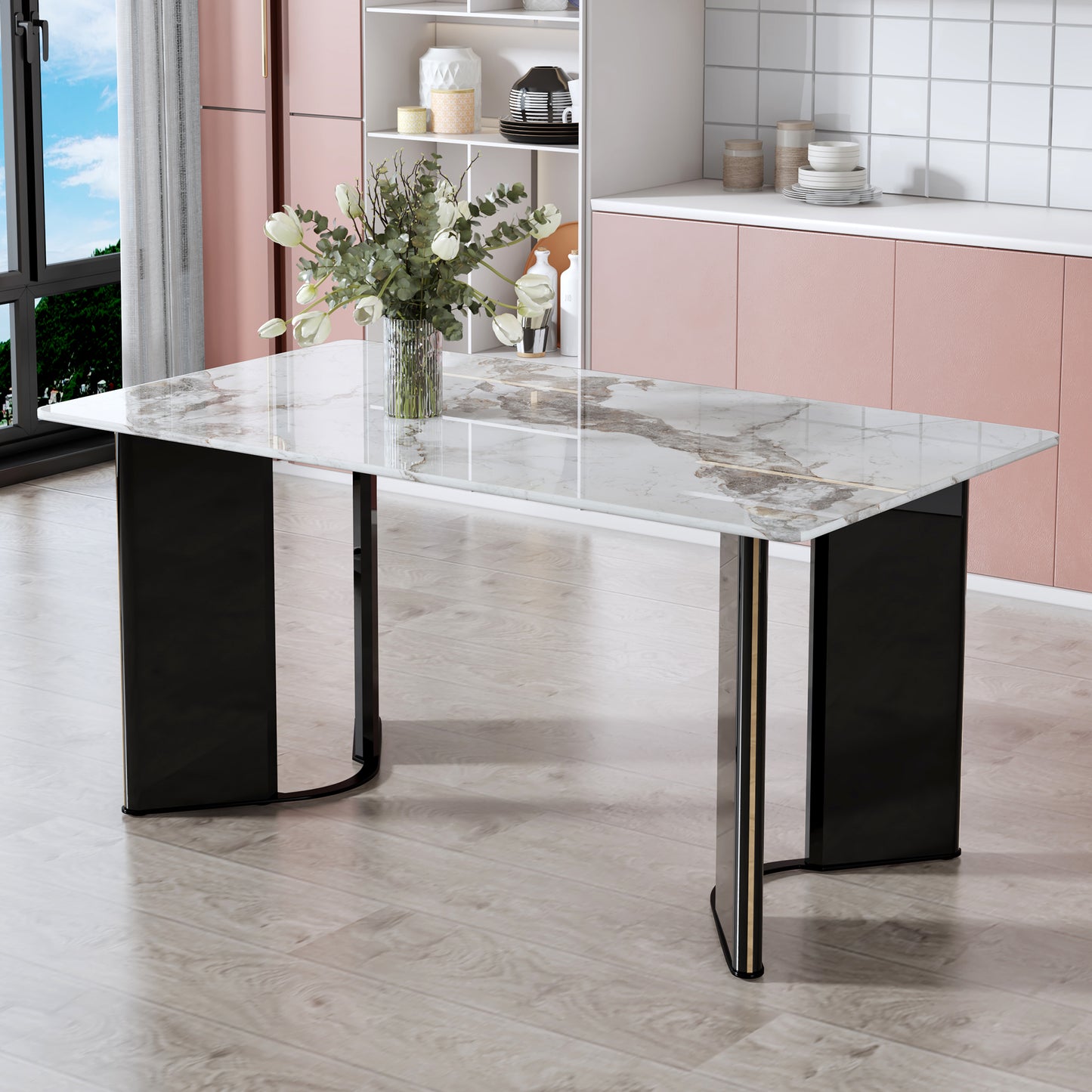 （预计2025-01-01 ~ 2025-01-08到货）Modern minimalist rectangular dining table, white imitation marble tabletop, MDF table legs with gold metal decorative strips. Suitable for restaurant and living room F-HH