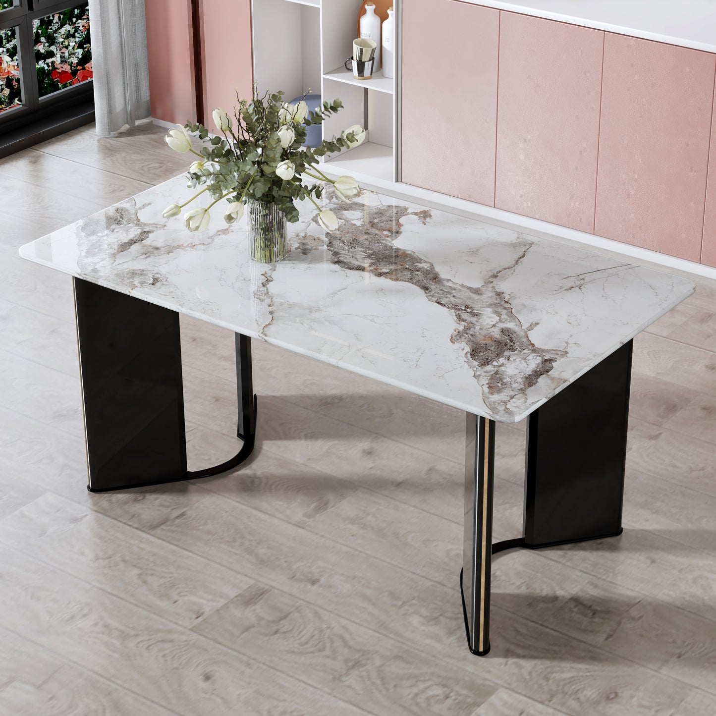 （预计2025-01-01 ~ 2025-01-08到货）Modern minimalist rectangular dining table, white imitation marble tabletop, MDF table legs with gold metal decorative strips. Suitable for restaurant and living room F-HH